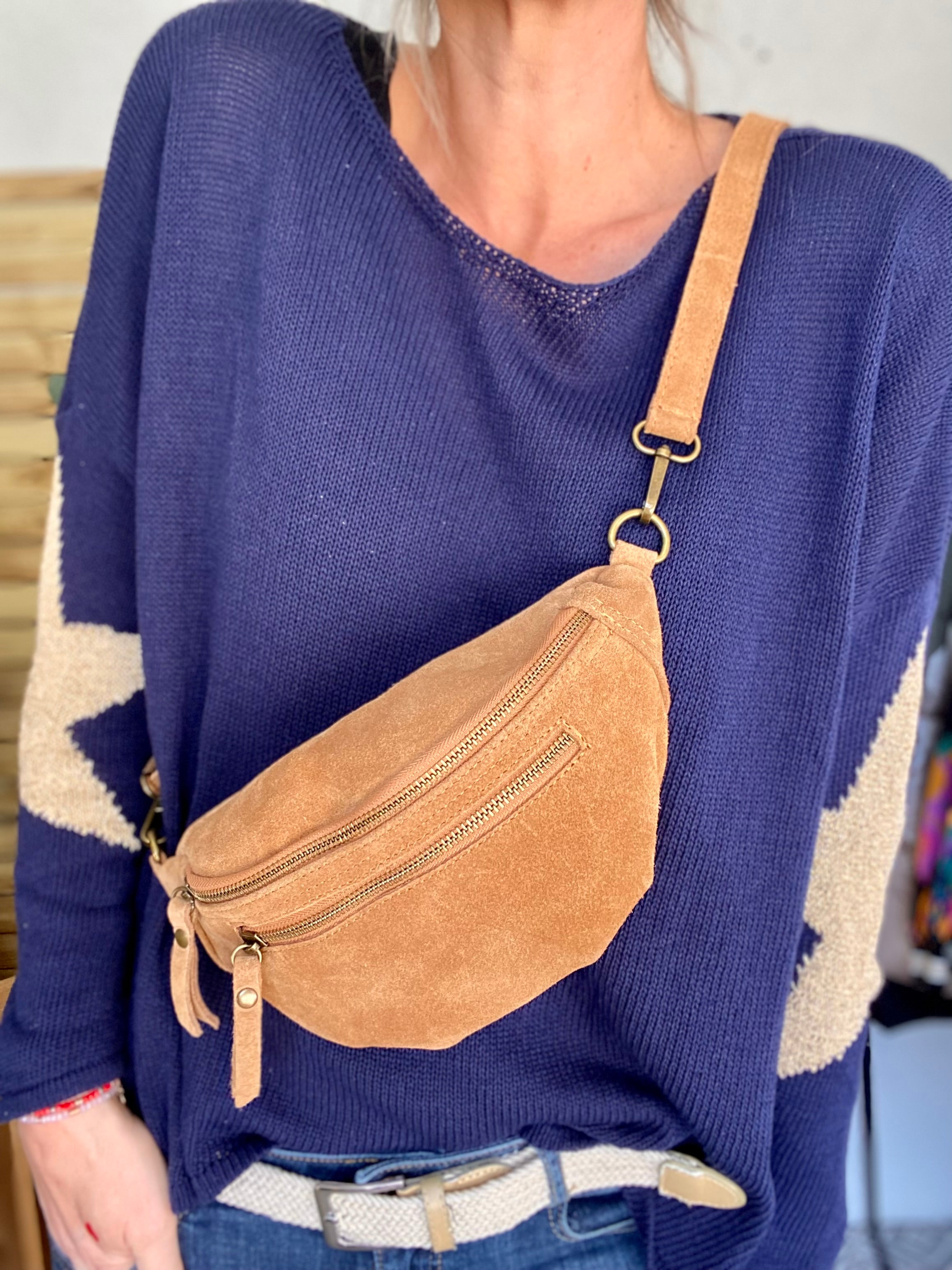 Sac banane double poche en cuir daim - OPALINE - Camel