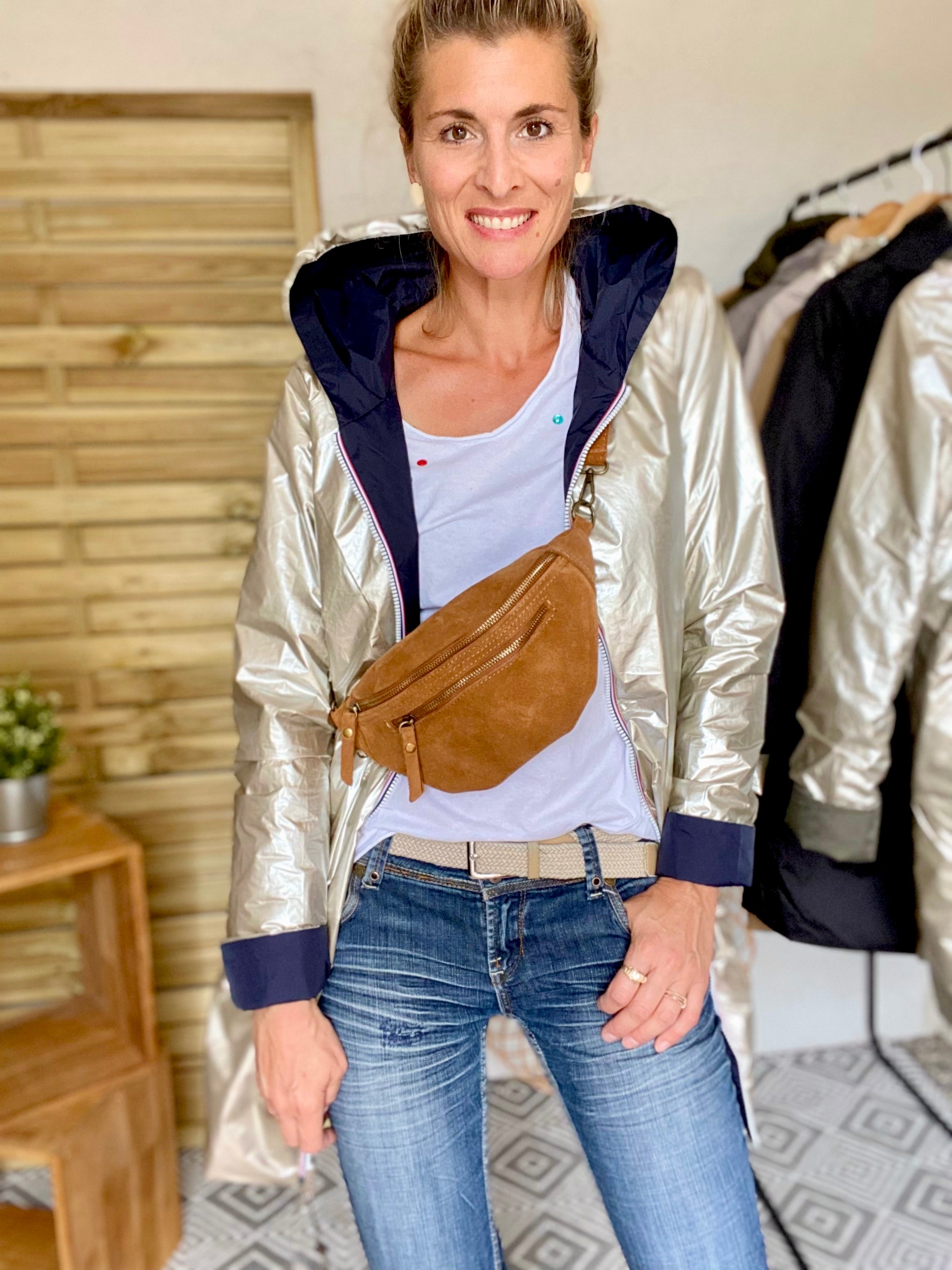 Sac banane double poche en cuir daim - OPALINE - Camel