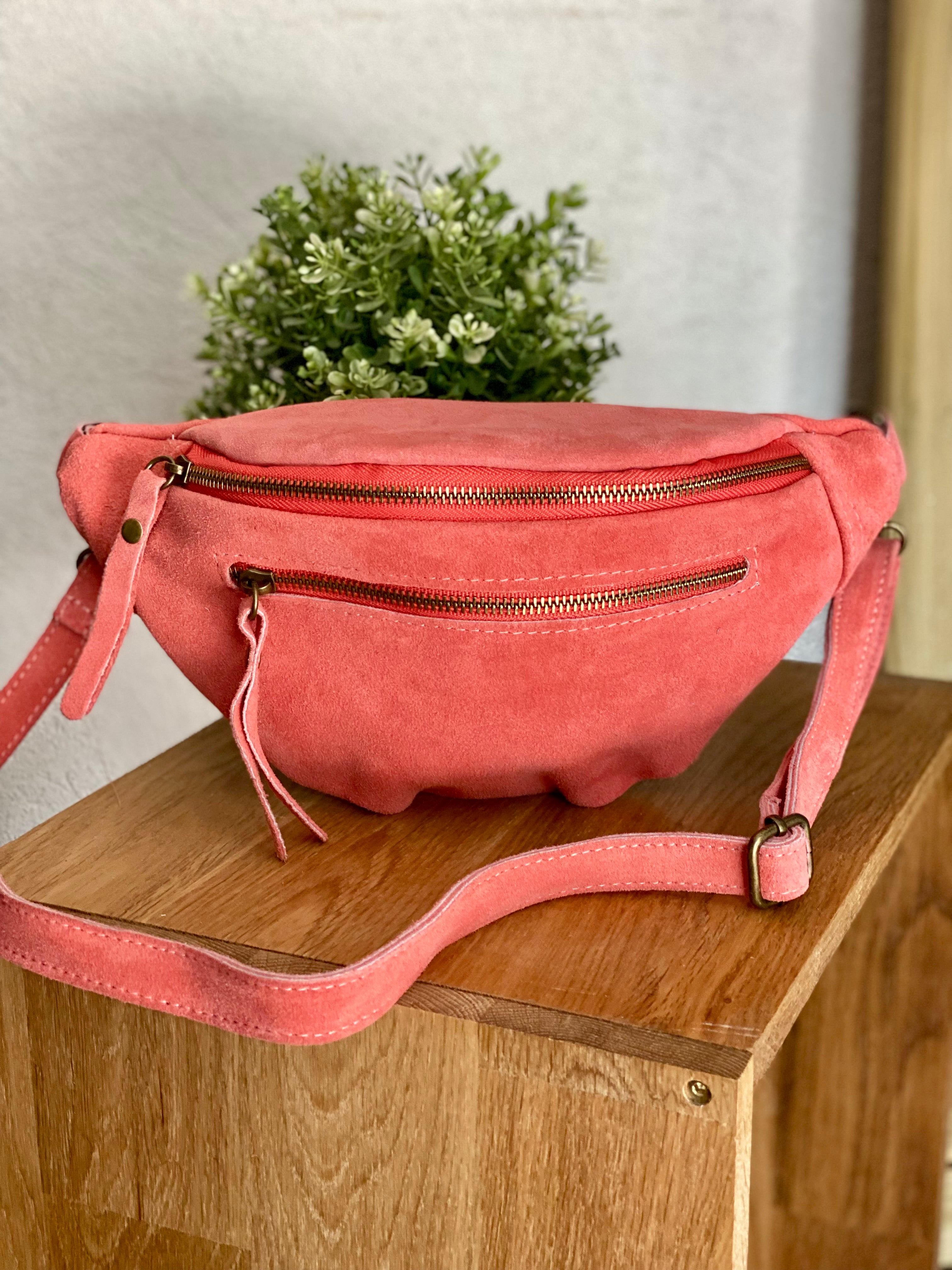 Sac banane double poche en cuir daim - OPALINE - Corail