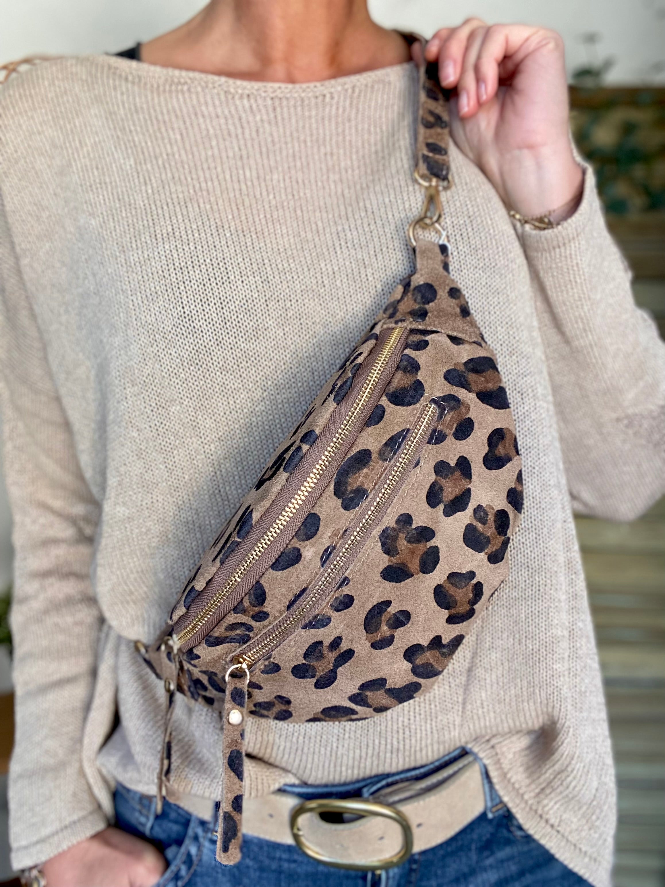 Sac banane double poche en cuir daim - OPALINE - Léo taupe