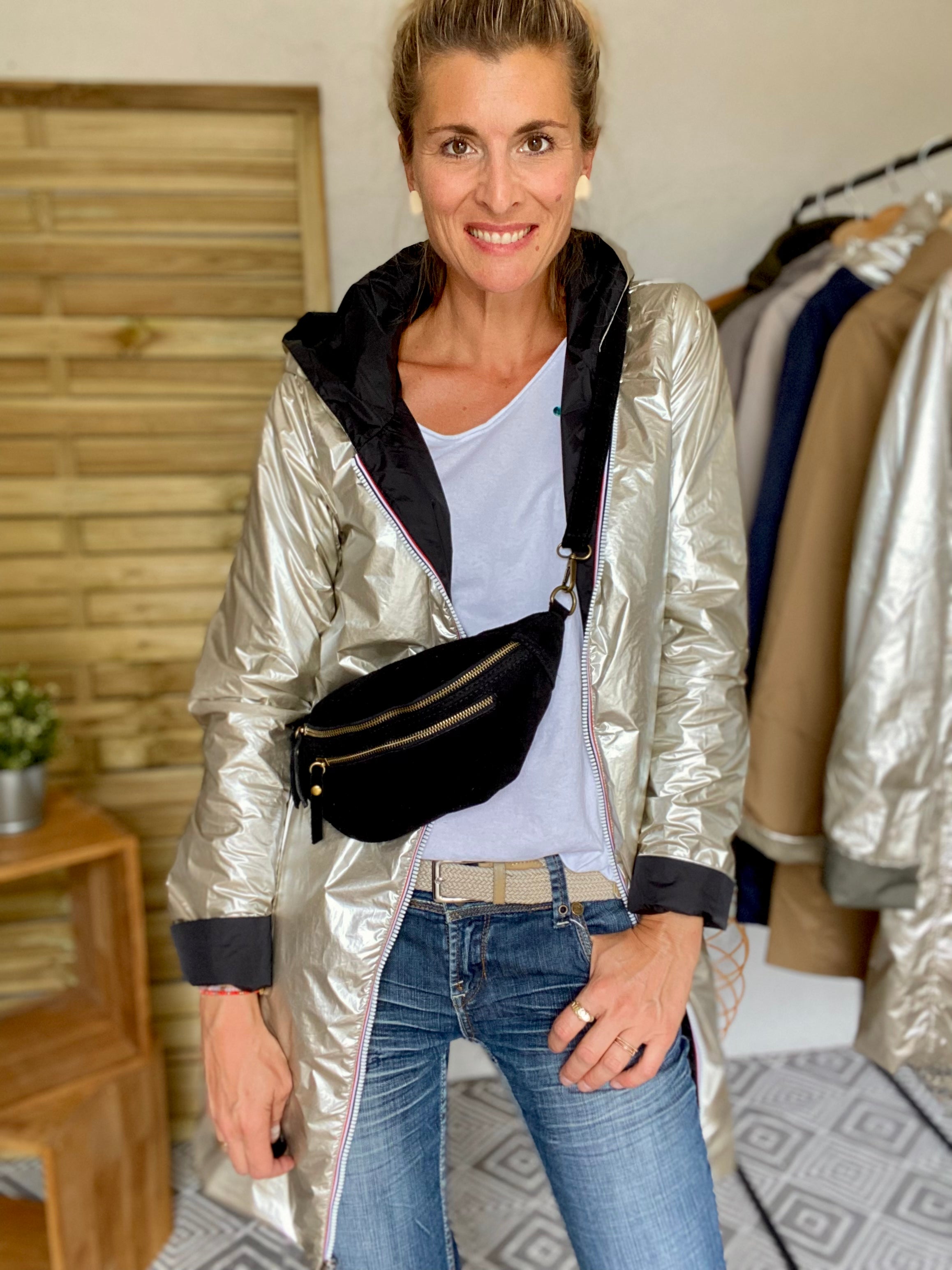 Sac banane double poche en cuir daim - OPALINE - Noir