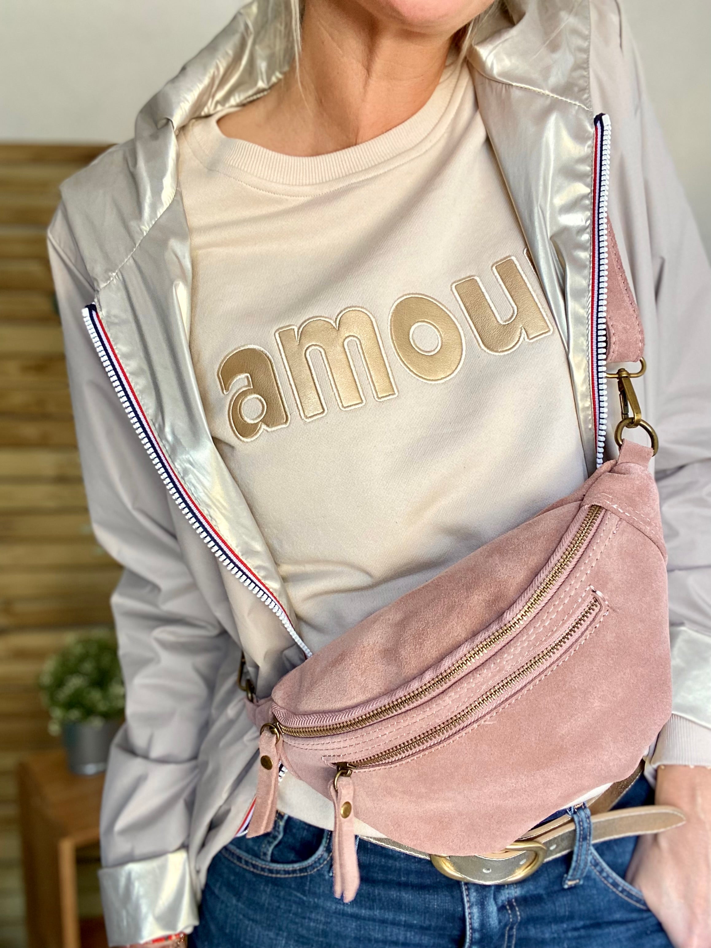 Sac banane double poche en cuir daim - OPALINE - Rose clair / Vieux rose