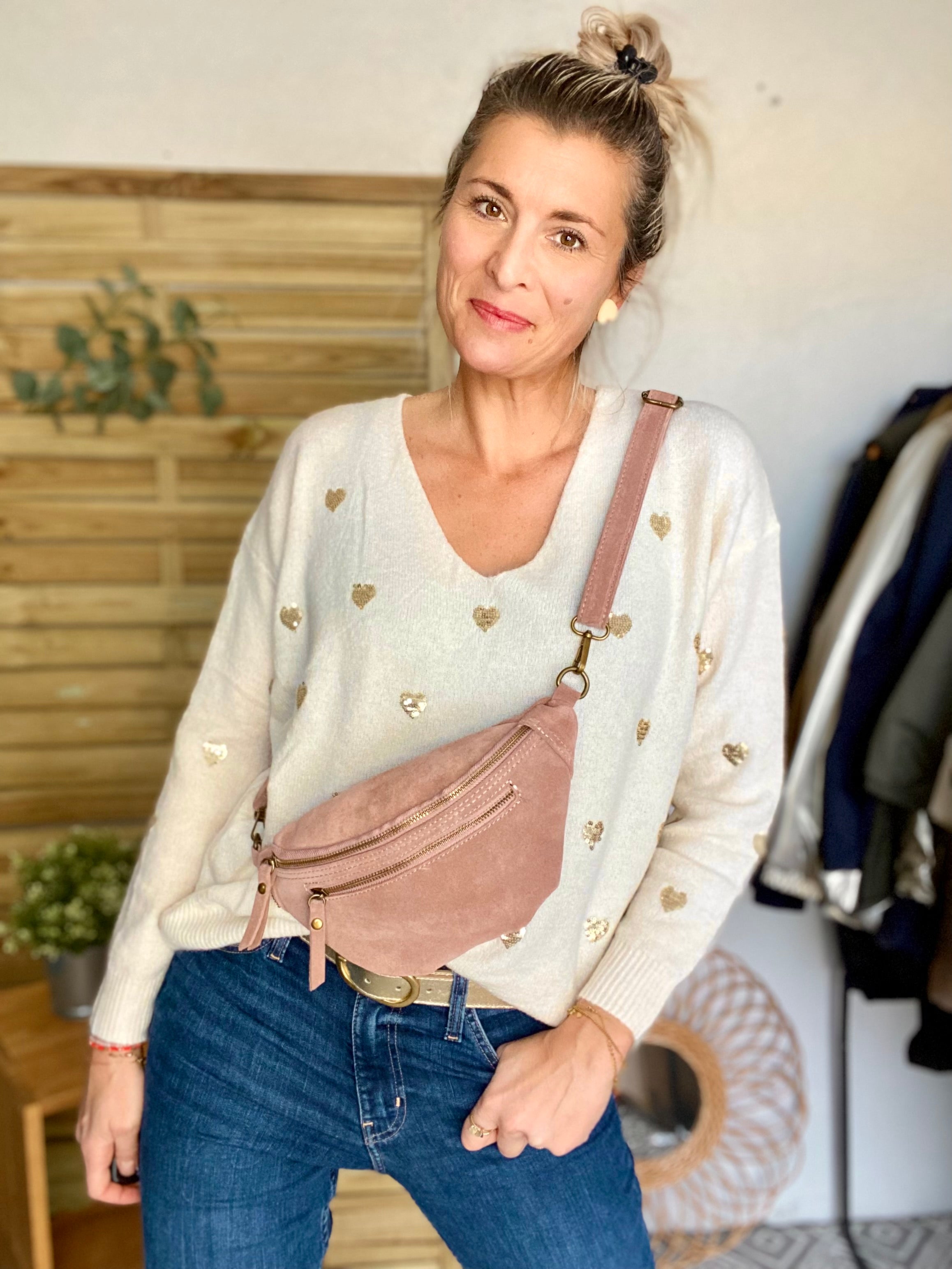Sac banane double poche en cuir daim - OPALINE - Rose clair / Vieux rose
