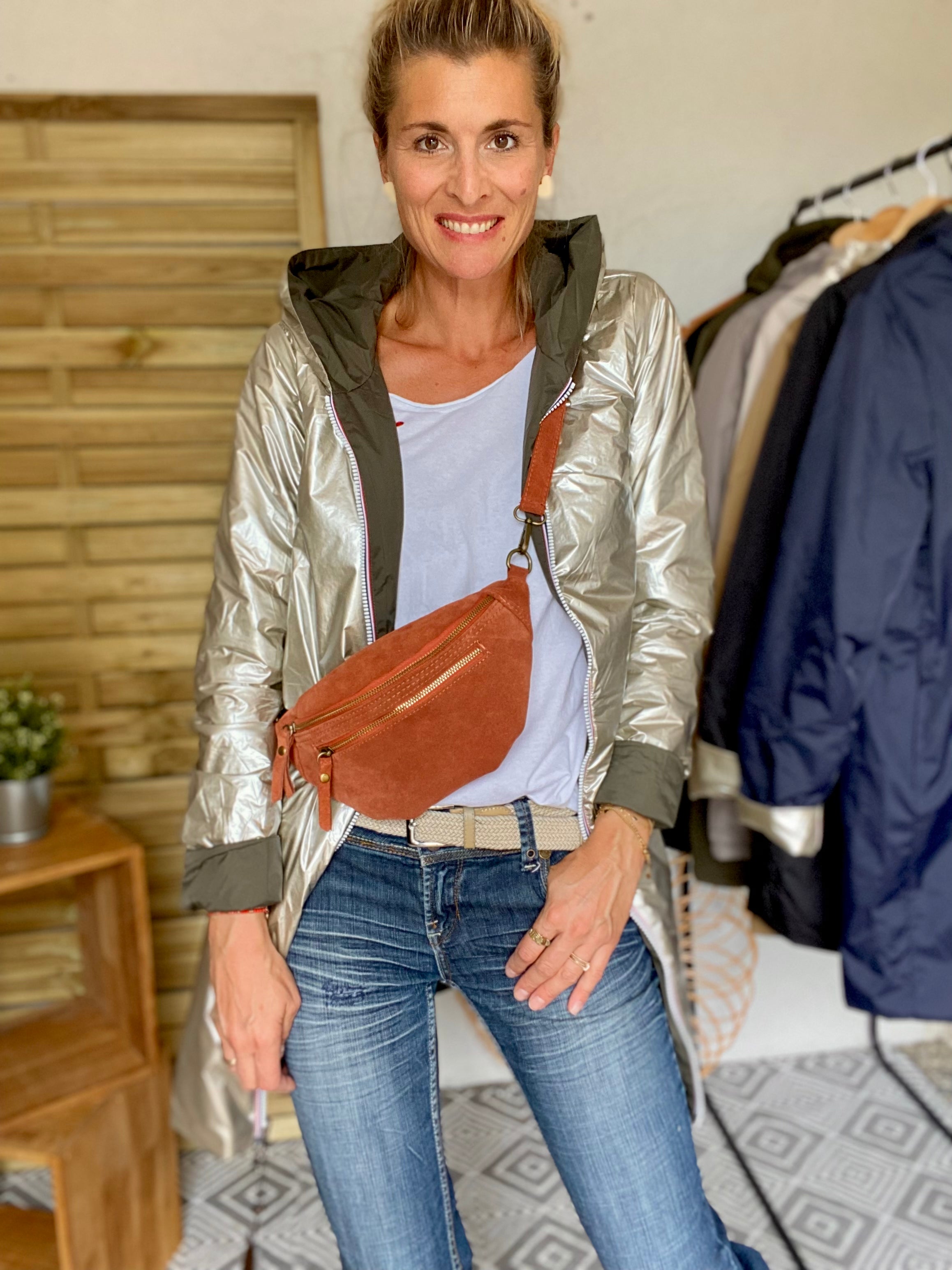 Sac banane double poche en cuir daim - OPALINE - Terracotta