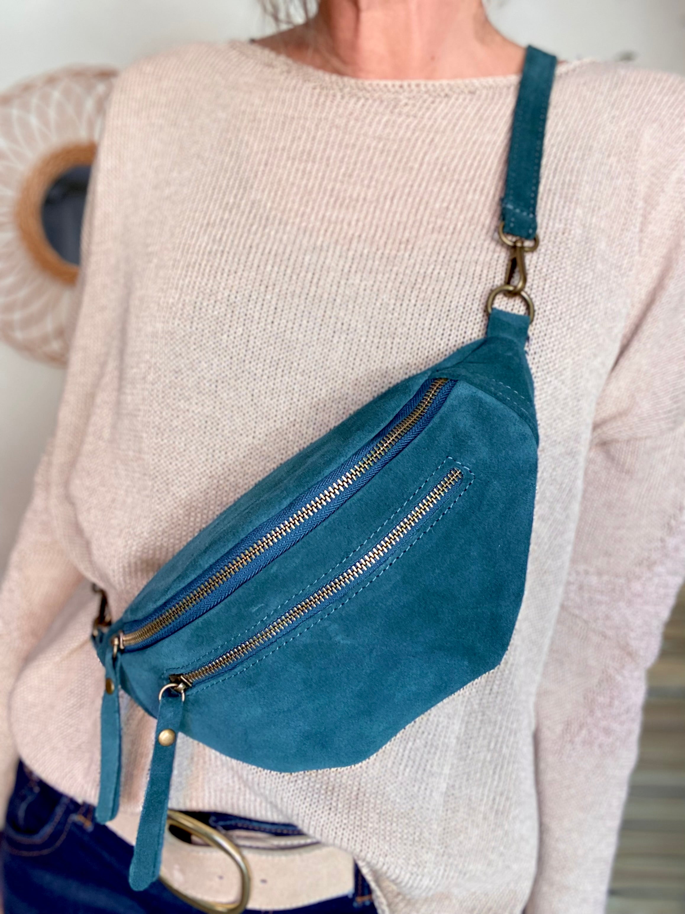 Sac banane double poche en cuir daim - OPALINE - Vert pétrole