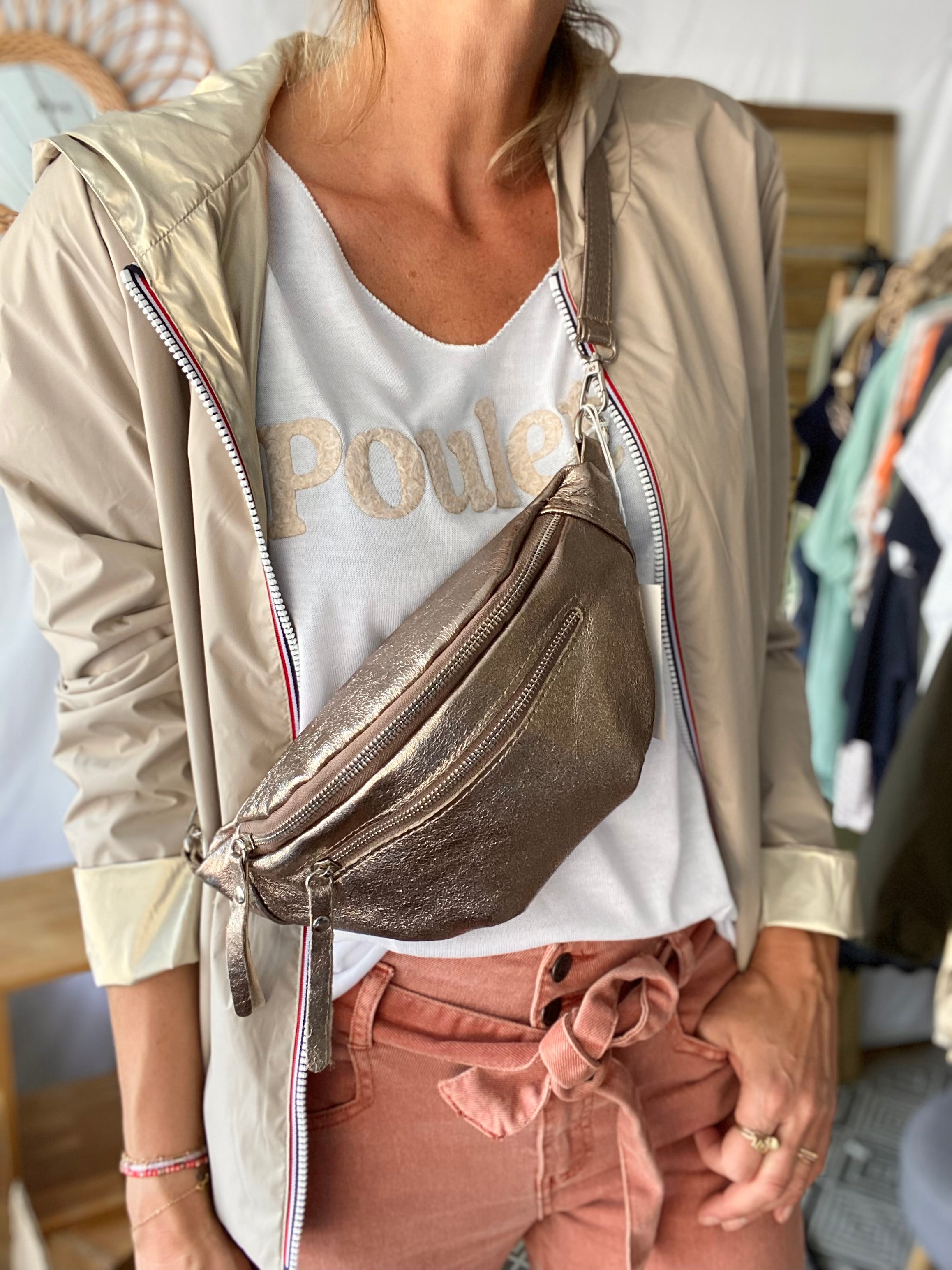 Sac banane en cuir irisé double poche - OPALE - Bronze