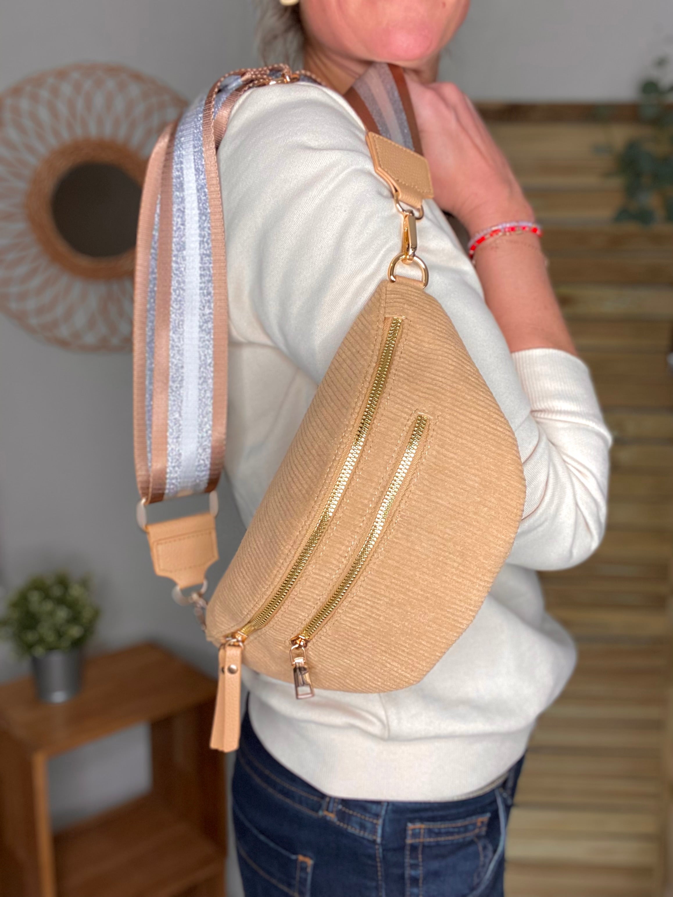 Sac banane en velours côtelé 2 zips et sangle fantaisie - CHARLY - Beige foncé (côtelé fin)