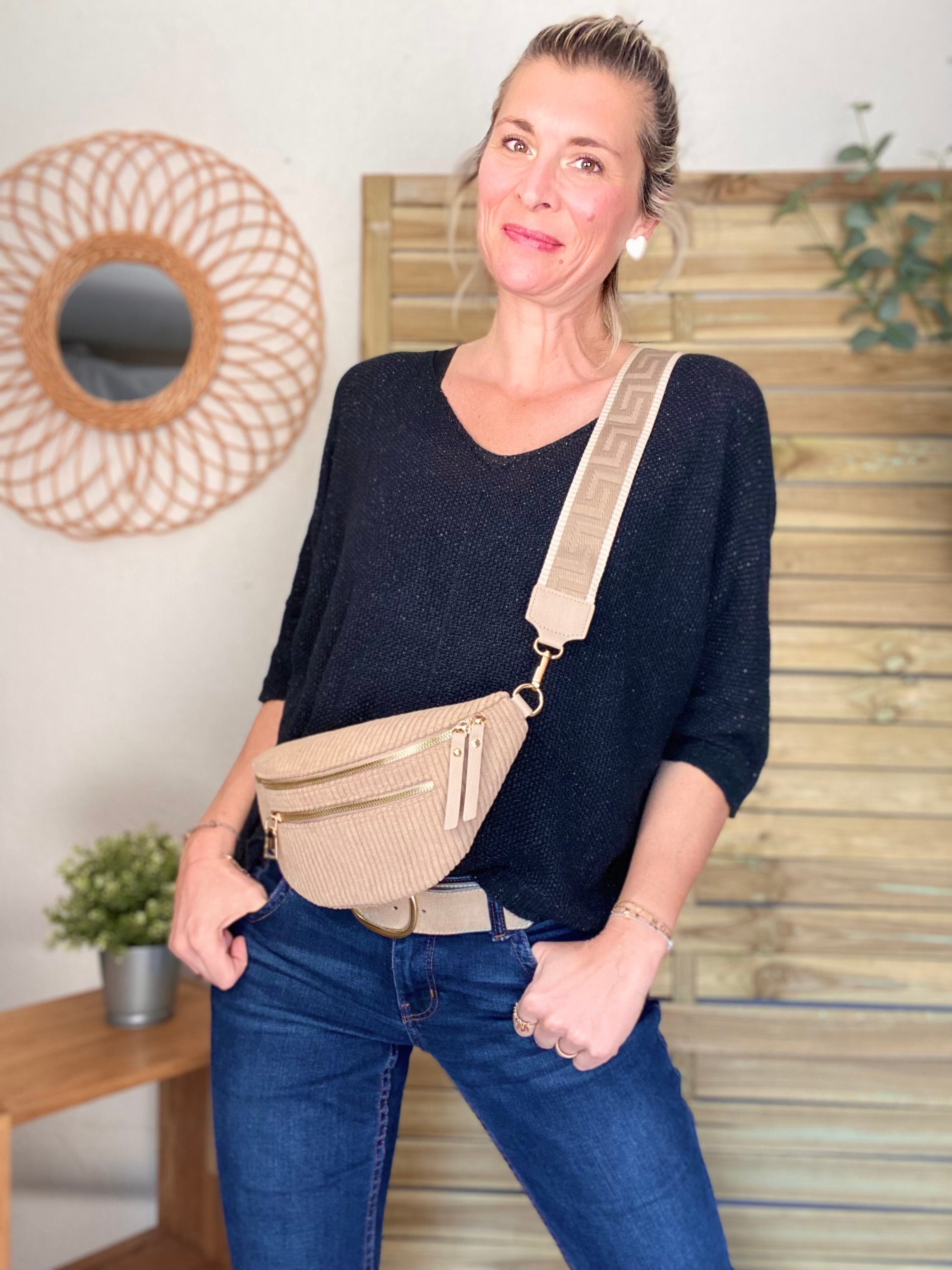 Sac banane en velours côtelé 2 zips et sangle fantaisie - CHARLY - Beige taupe (côtelé large)