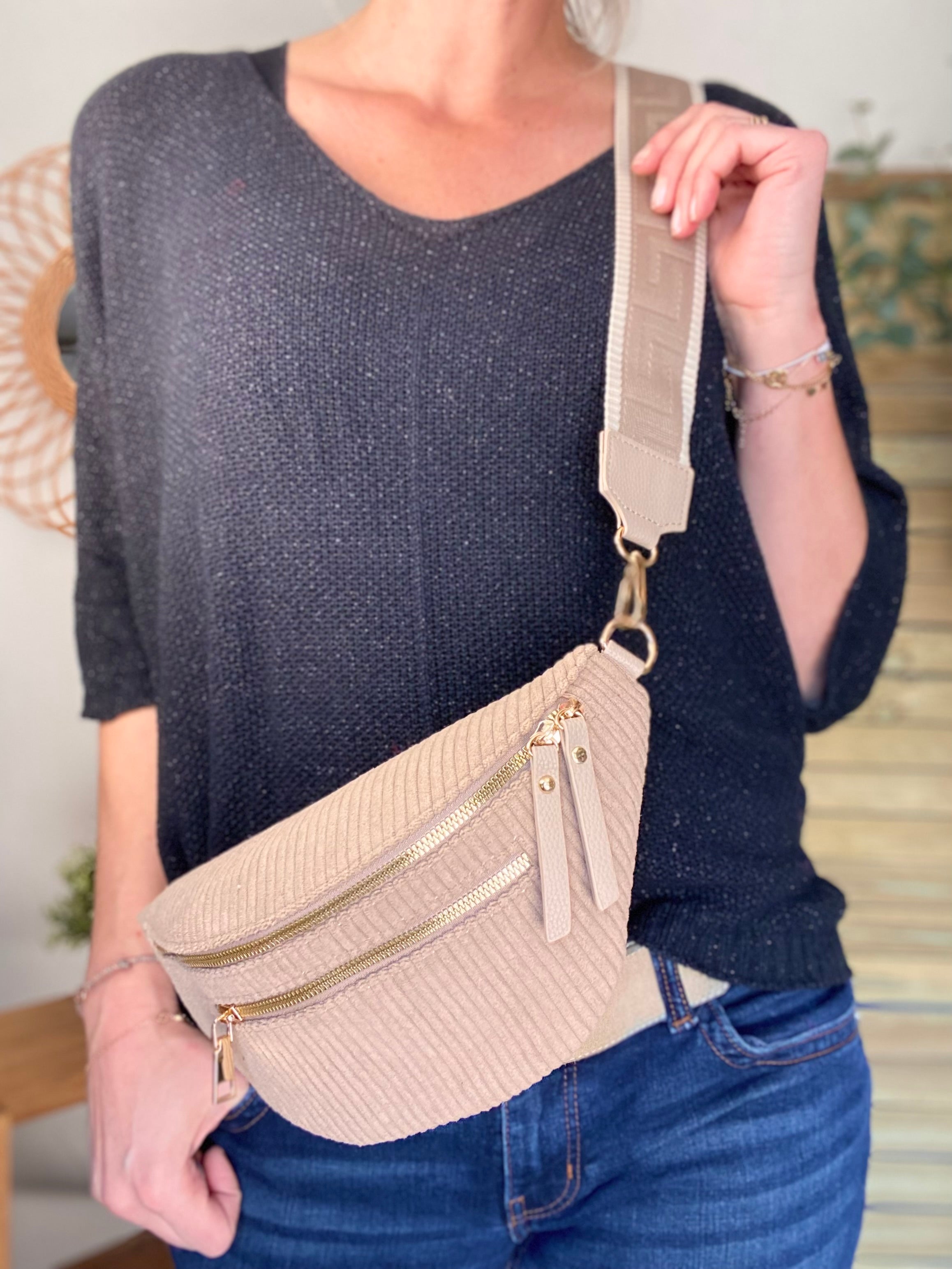 Sac banane en velours côtelé 2 zips et sangle fantaisie - CHARLY - Beige taupe (côtelé large)