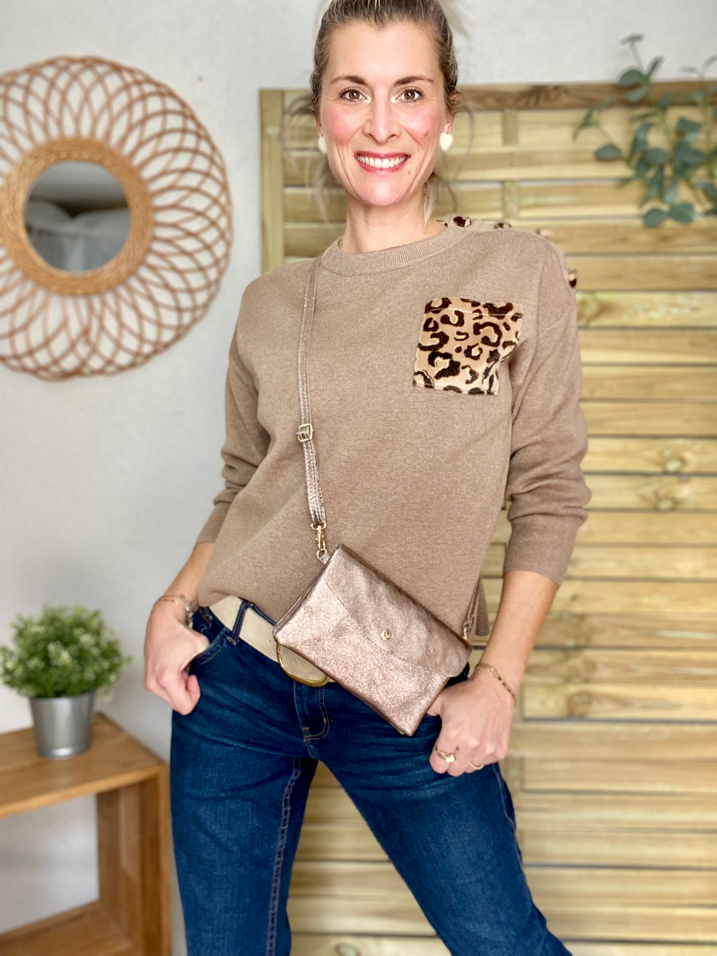 Sac bandoulière / Pochette en cuir irisé - BETTY - Bronze