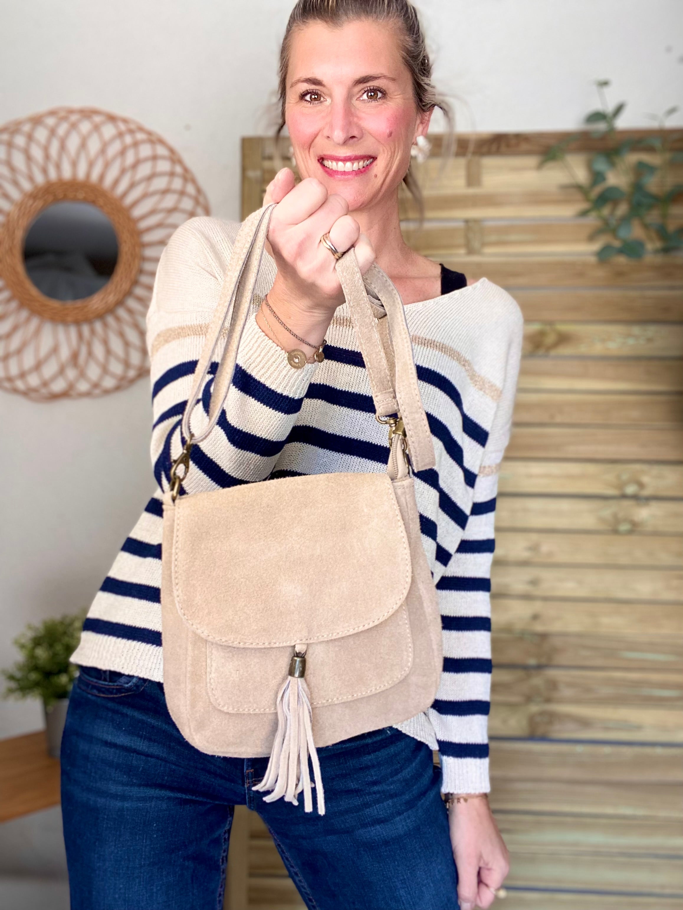 Sac bandoulière en cuir daim HORTENSE - Beige