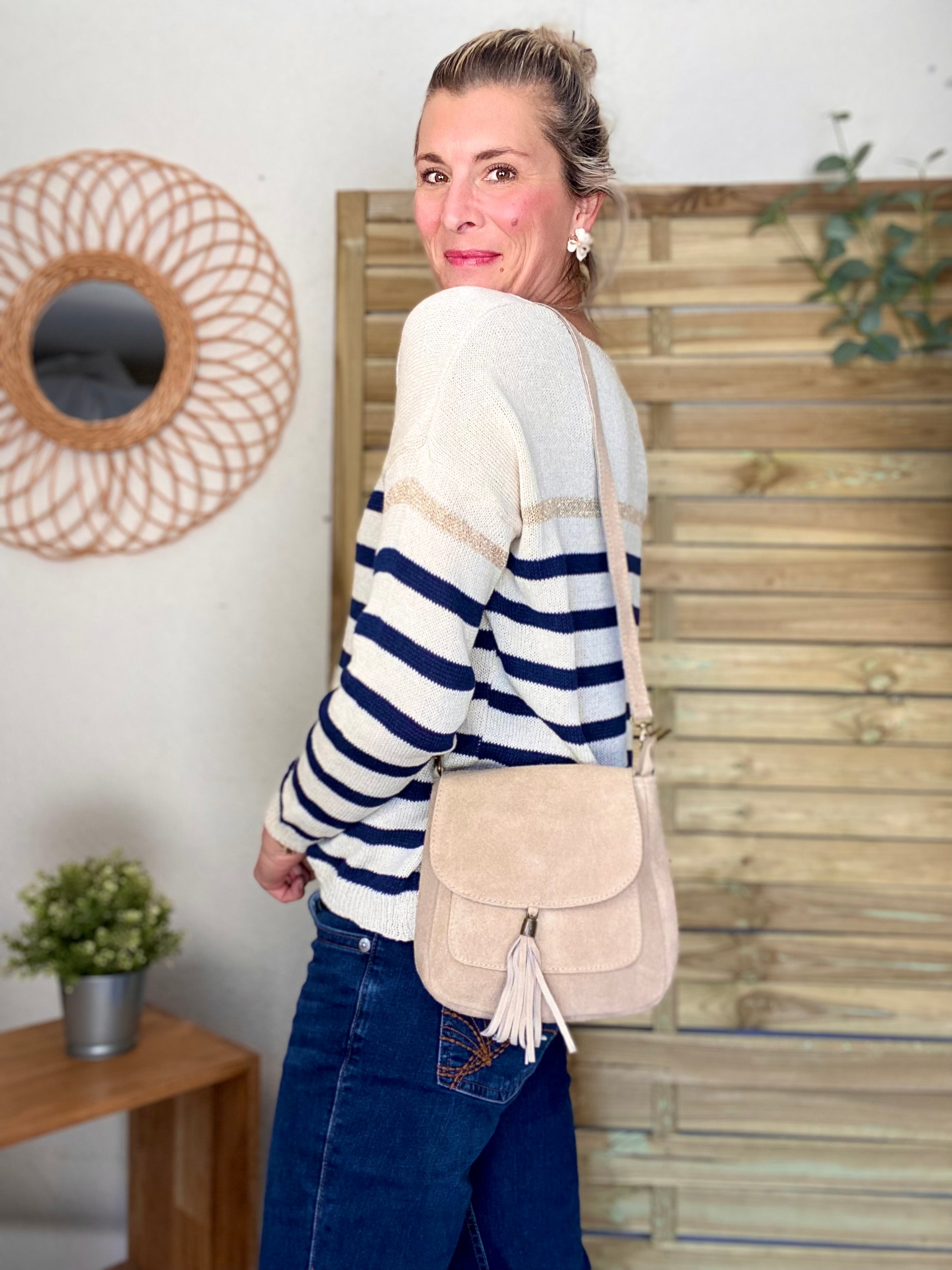 Sac bandoulière en cuir daim HORTENSE - Beige