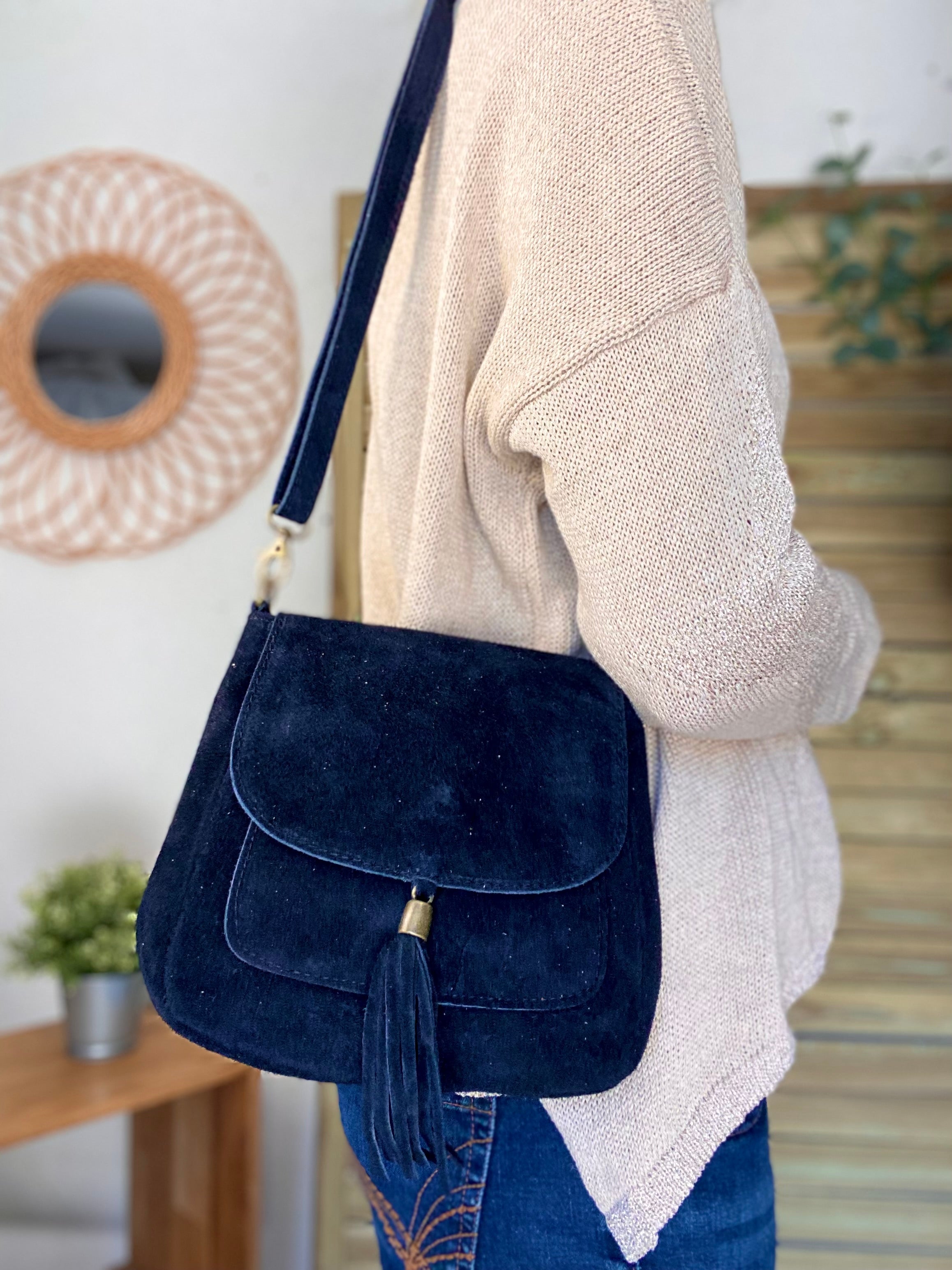 Sac bandoulière en cuir daim HORTENSE - Noir