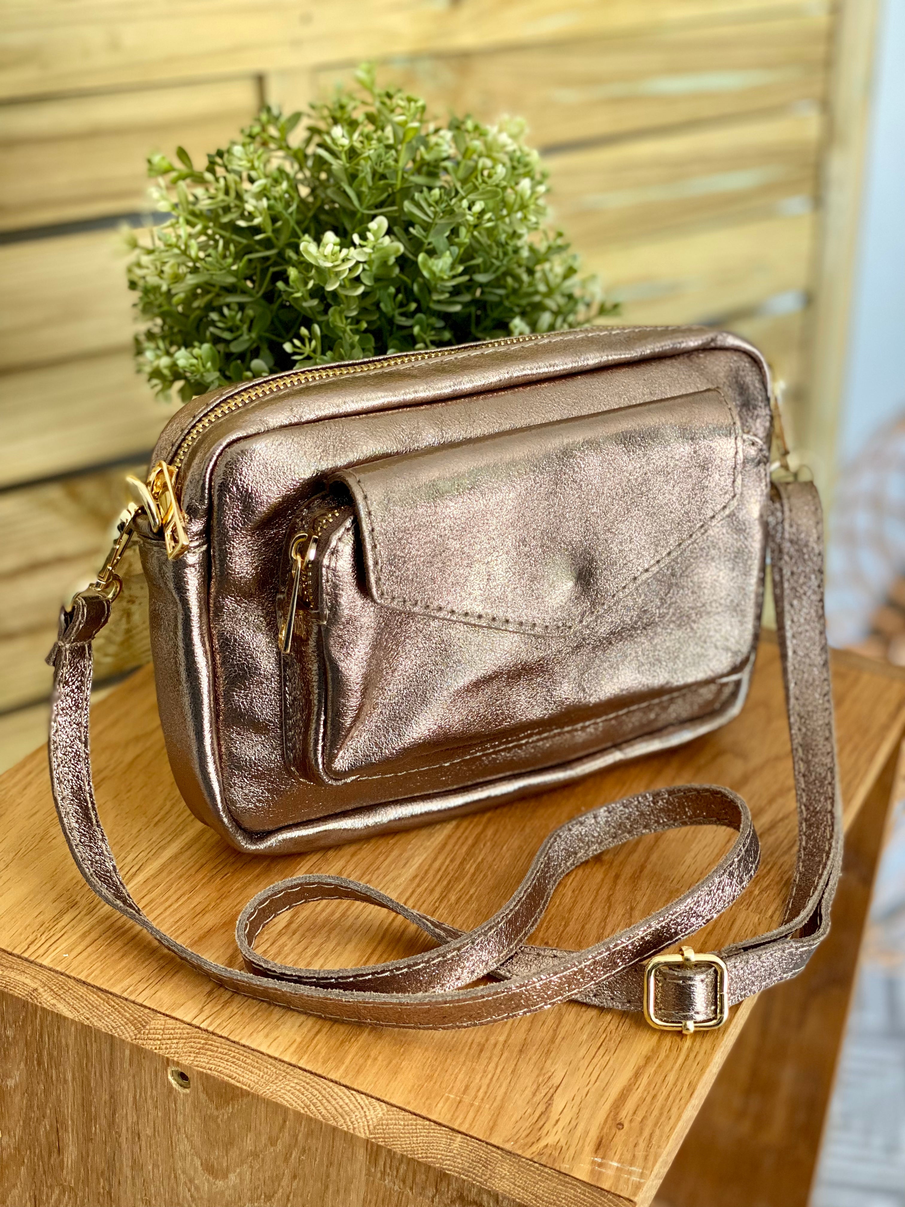 Sac bandoulière en cuir irisé - CHERRY - Bronze