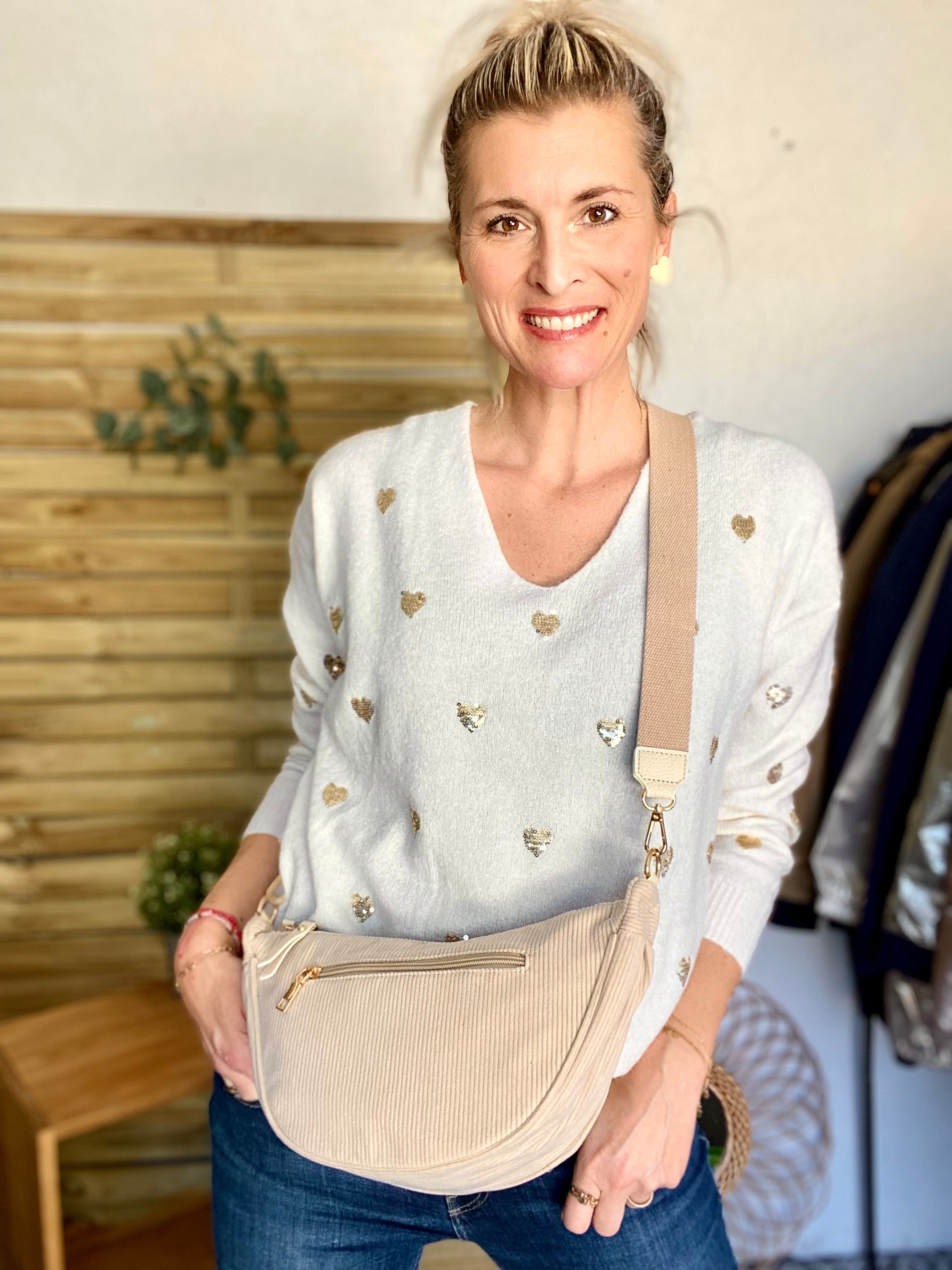 Sac besace demi-lune XL velours côtelé - AMY - Beige clair