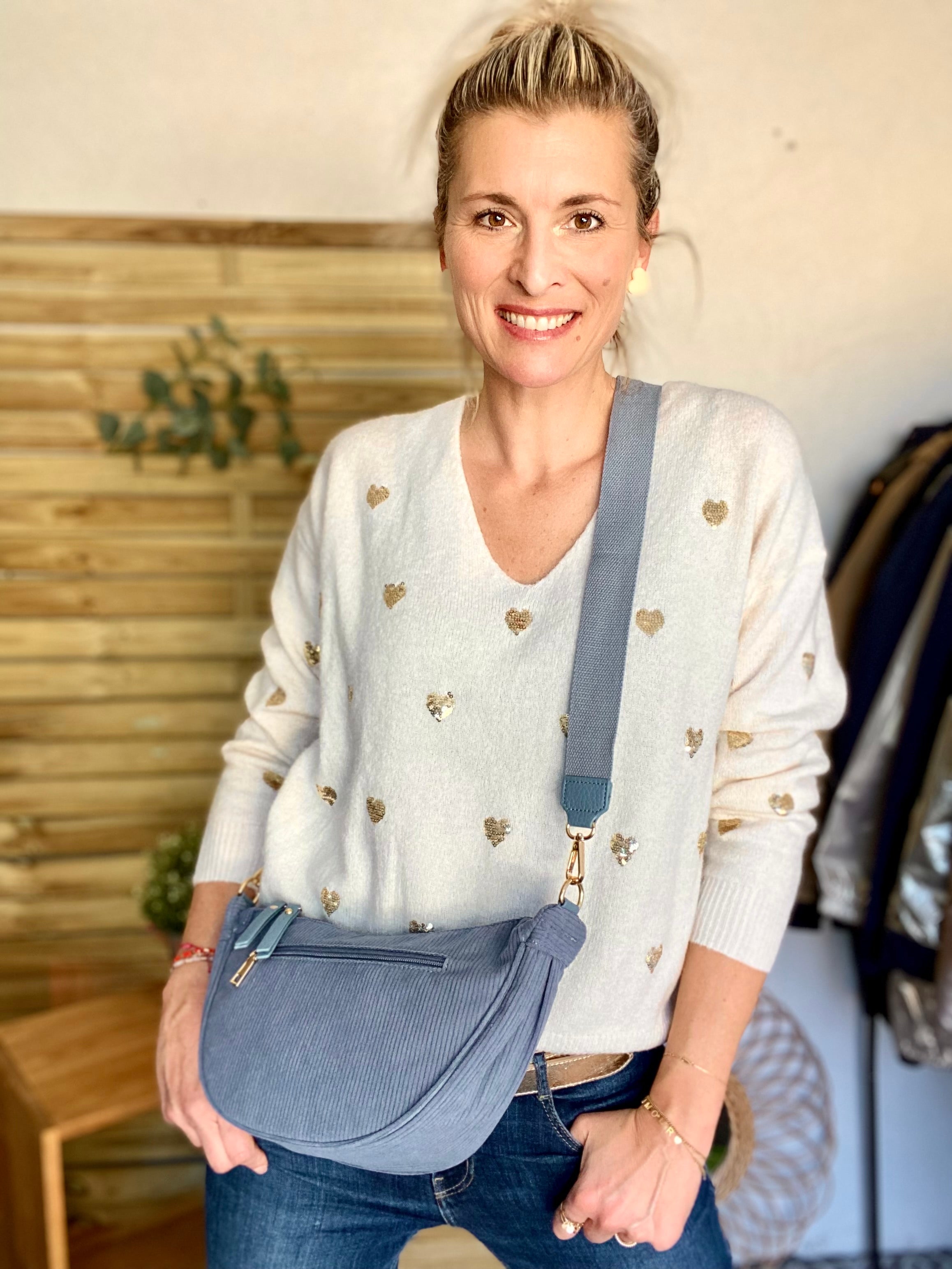 Sac besace demi-lune XL velours côtelé - AMY - Bleu jean