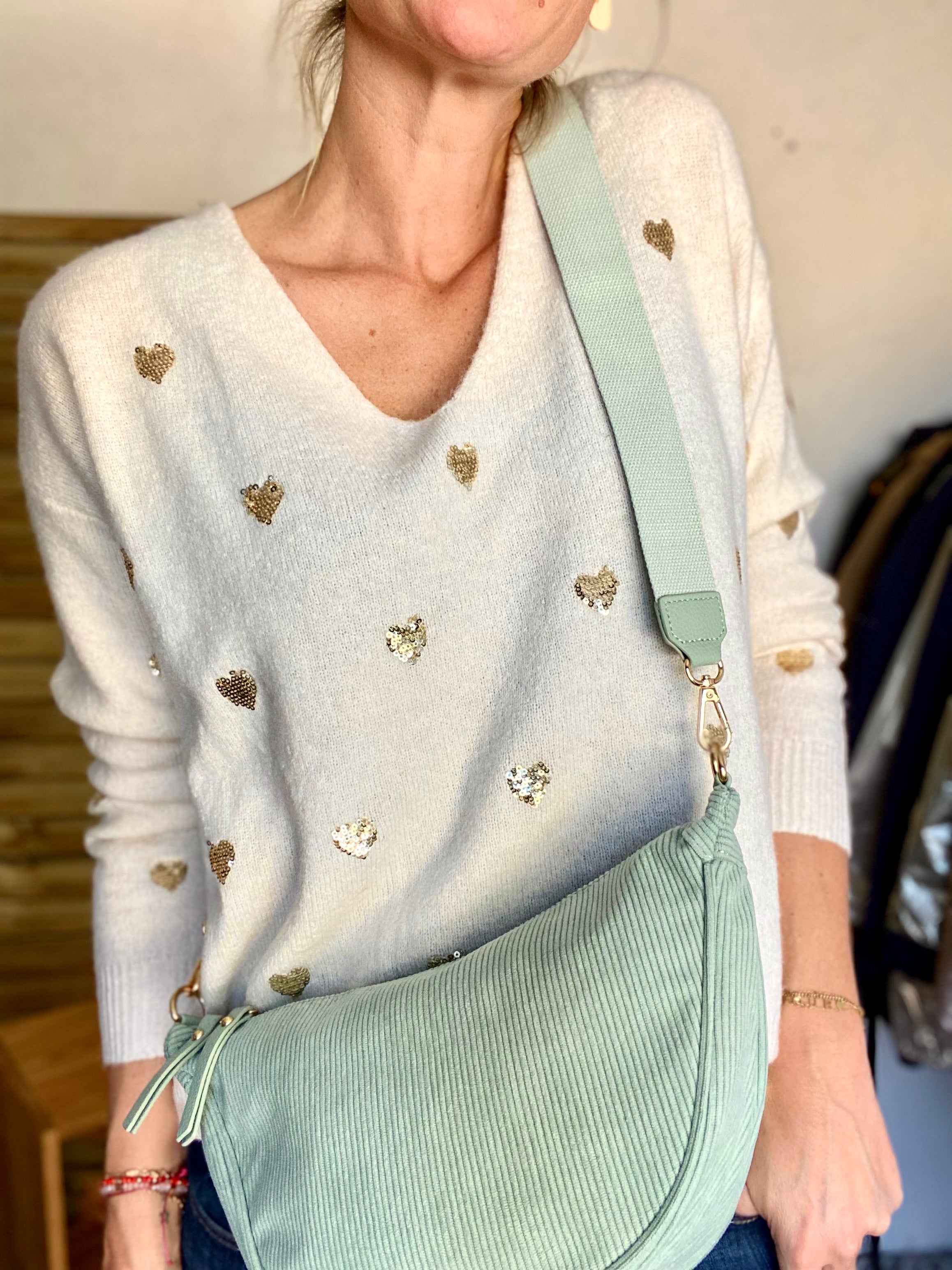 Sac besace demi-lune XL velours côtelé - AMY - Vert d’eau
