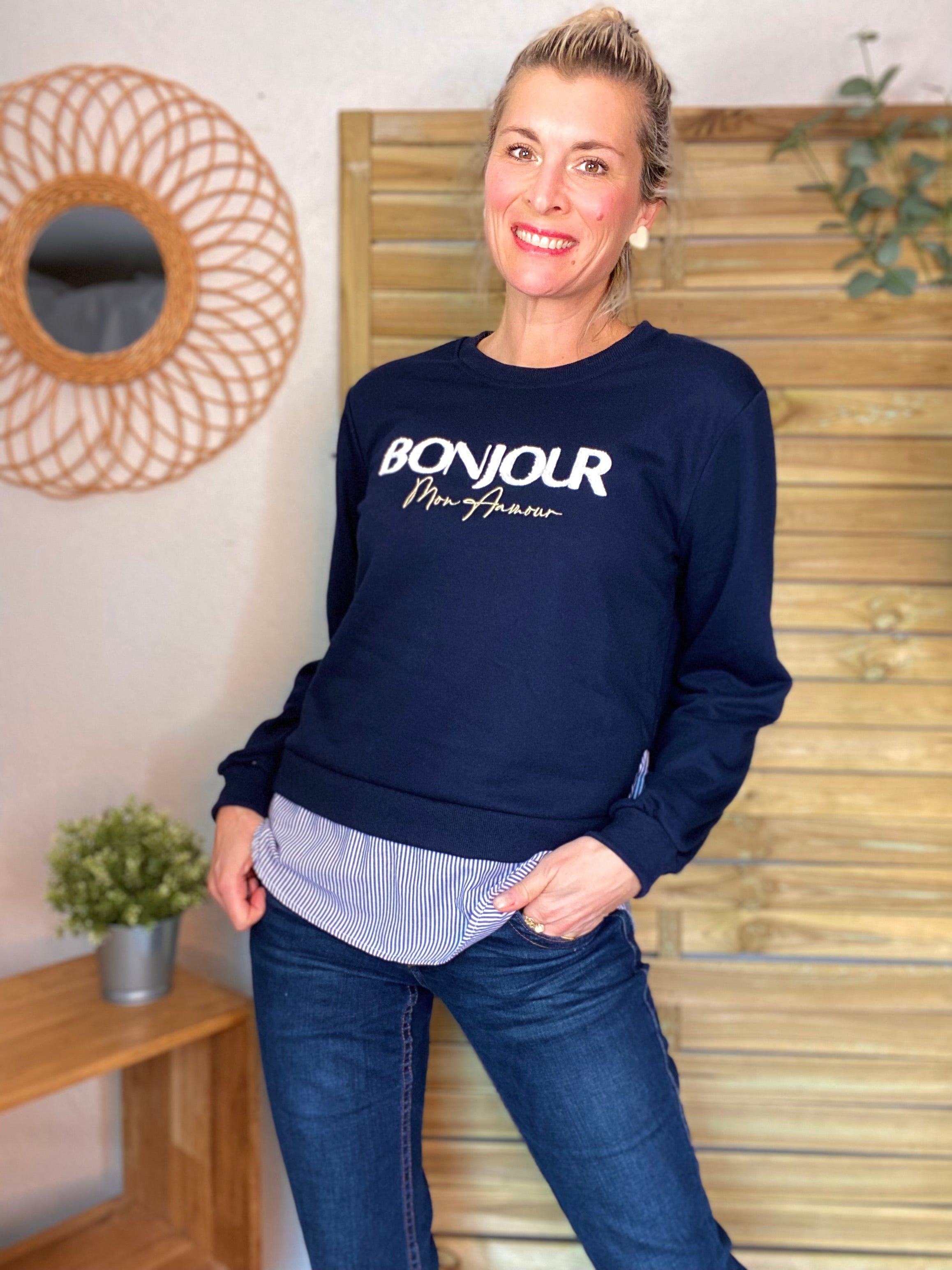 Sweat Bonjour mon amour et chemise en trompe l’œil - DOMITILLE
