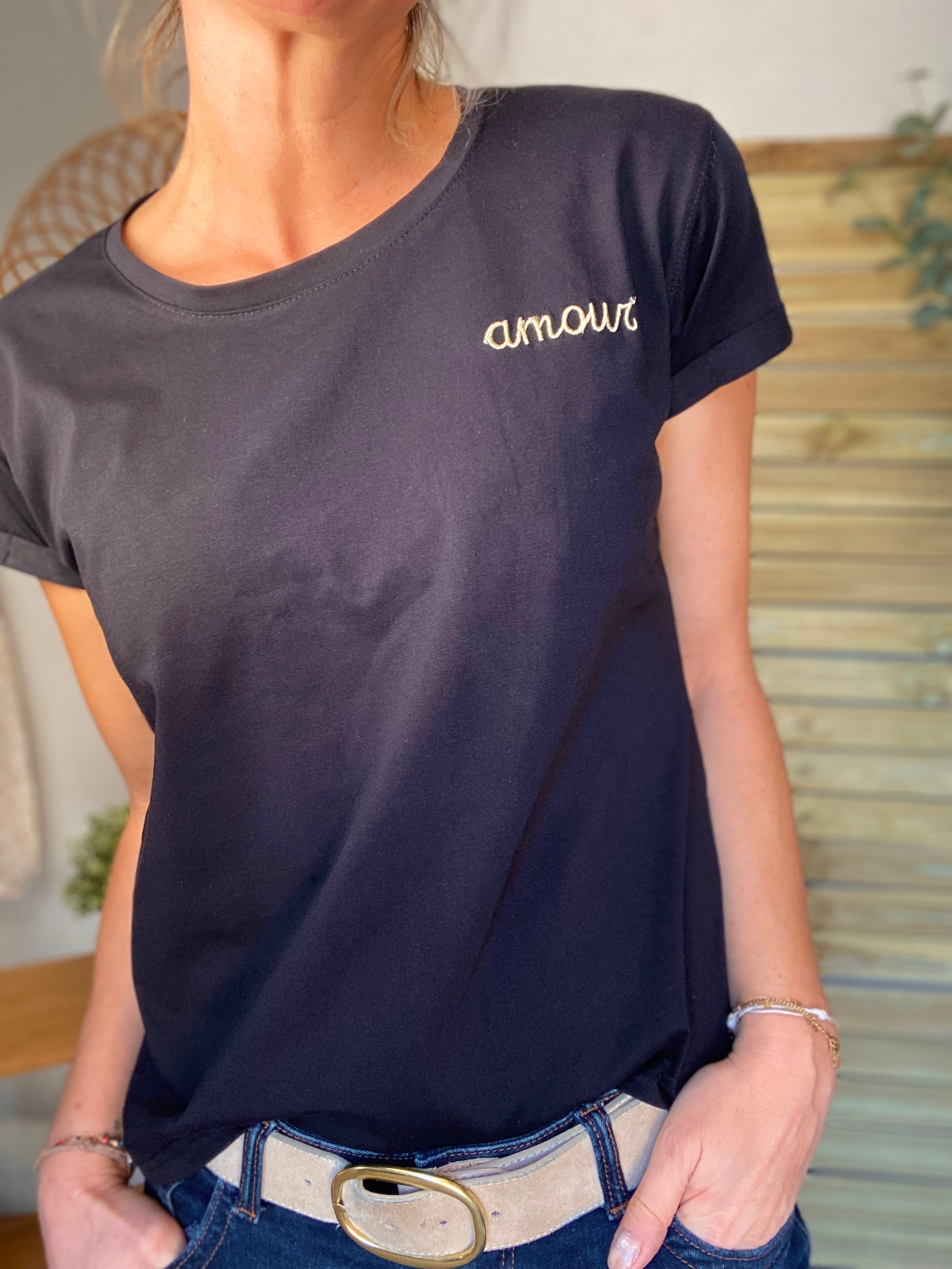Tee shirt Noir amour brodé doré - MARIA