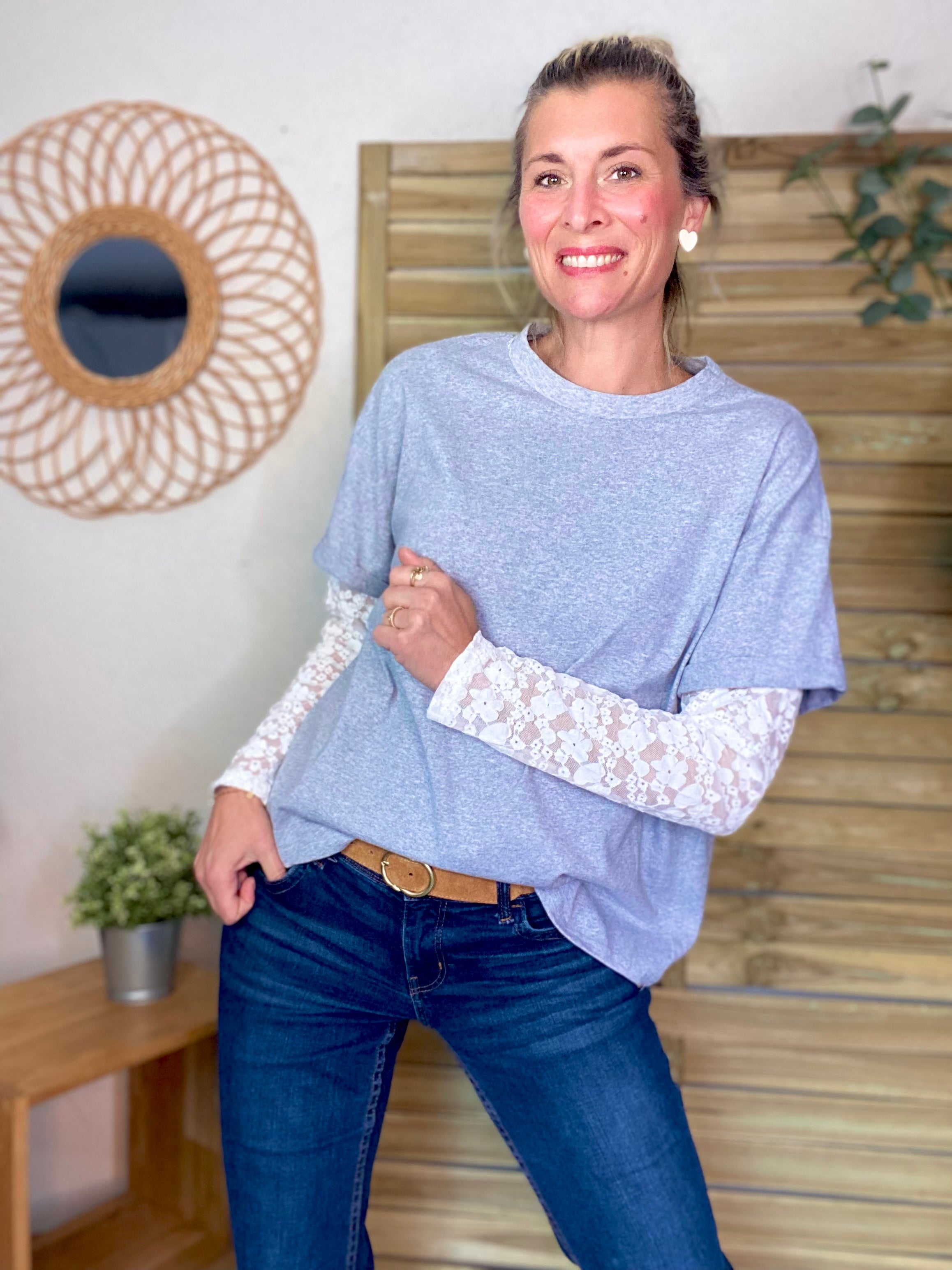 Tee shirt avec manches longues dentelle PAMELA - Gris
