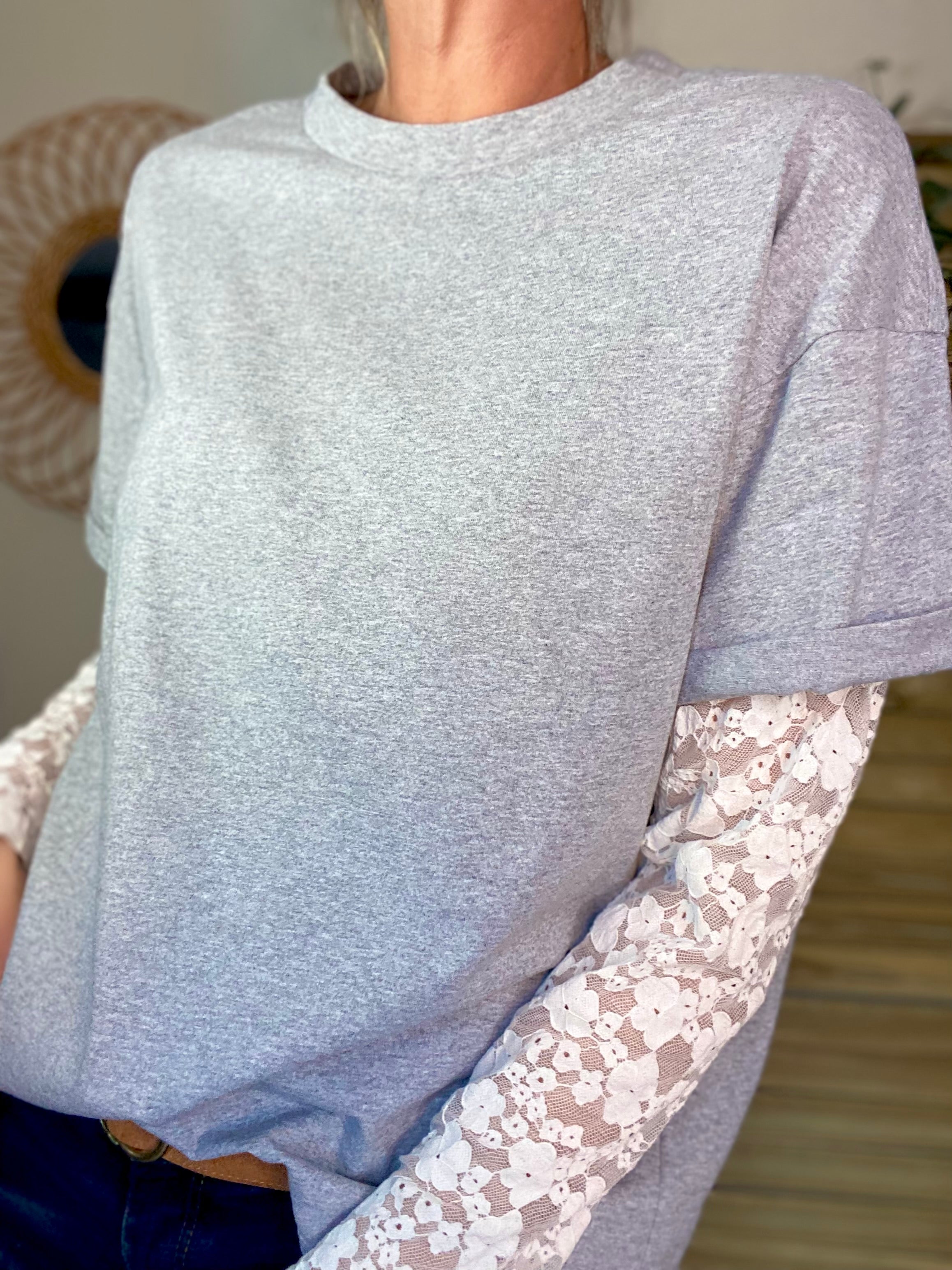 Tee shirt avec manches longues dentelle PAMELA - Gris