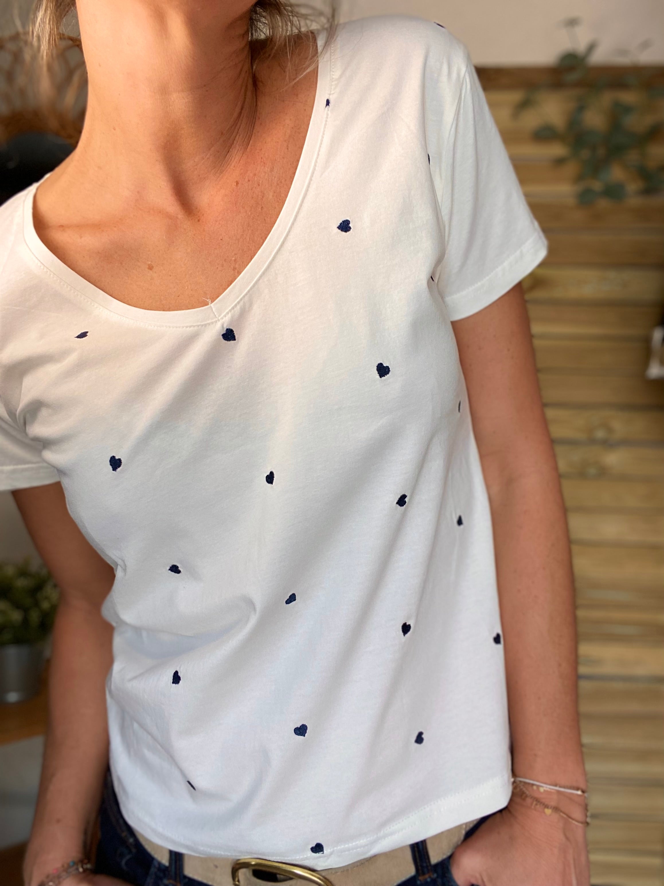 Tee shirt cœurs brodés bleu marine ENORA