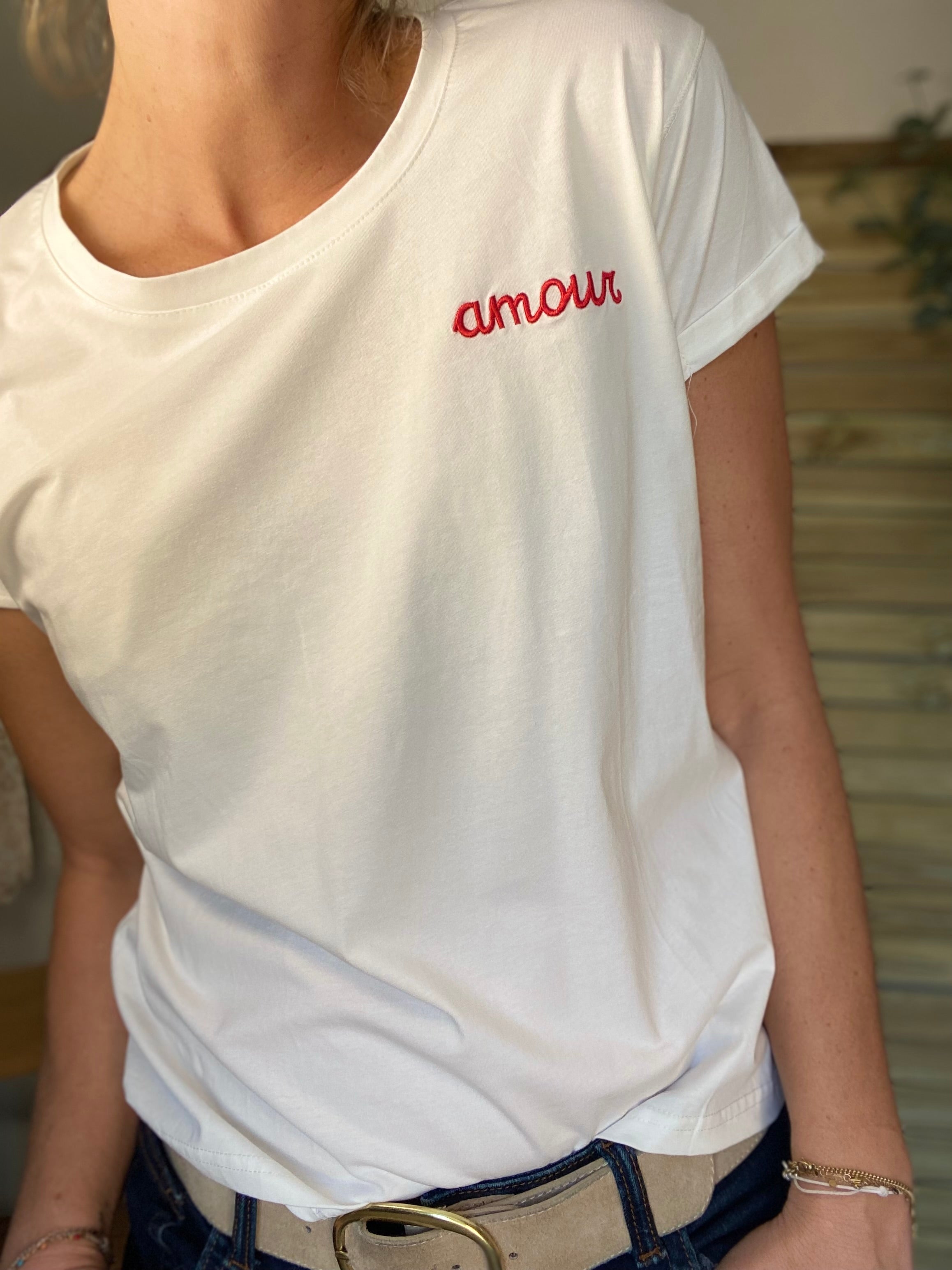 Tee shirt Écru amour brodé Rouge - MARIA