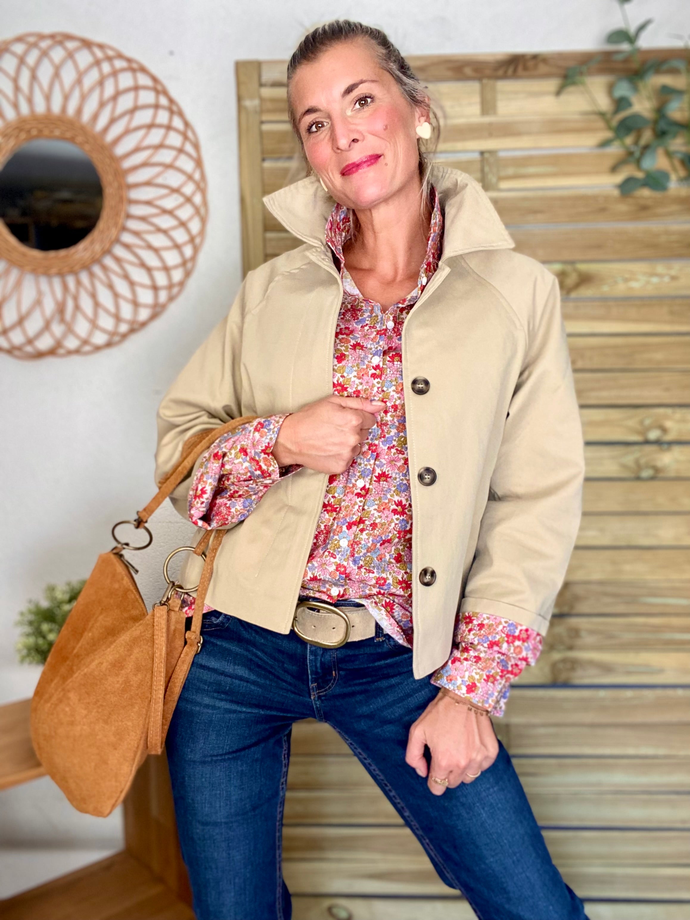 Veste Trench en coton beige avec Liberty - MAHAUT