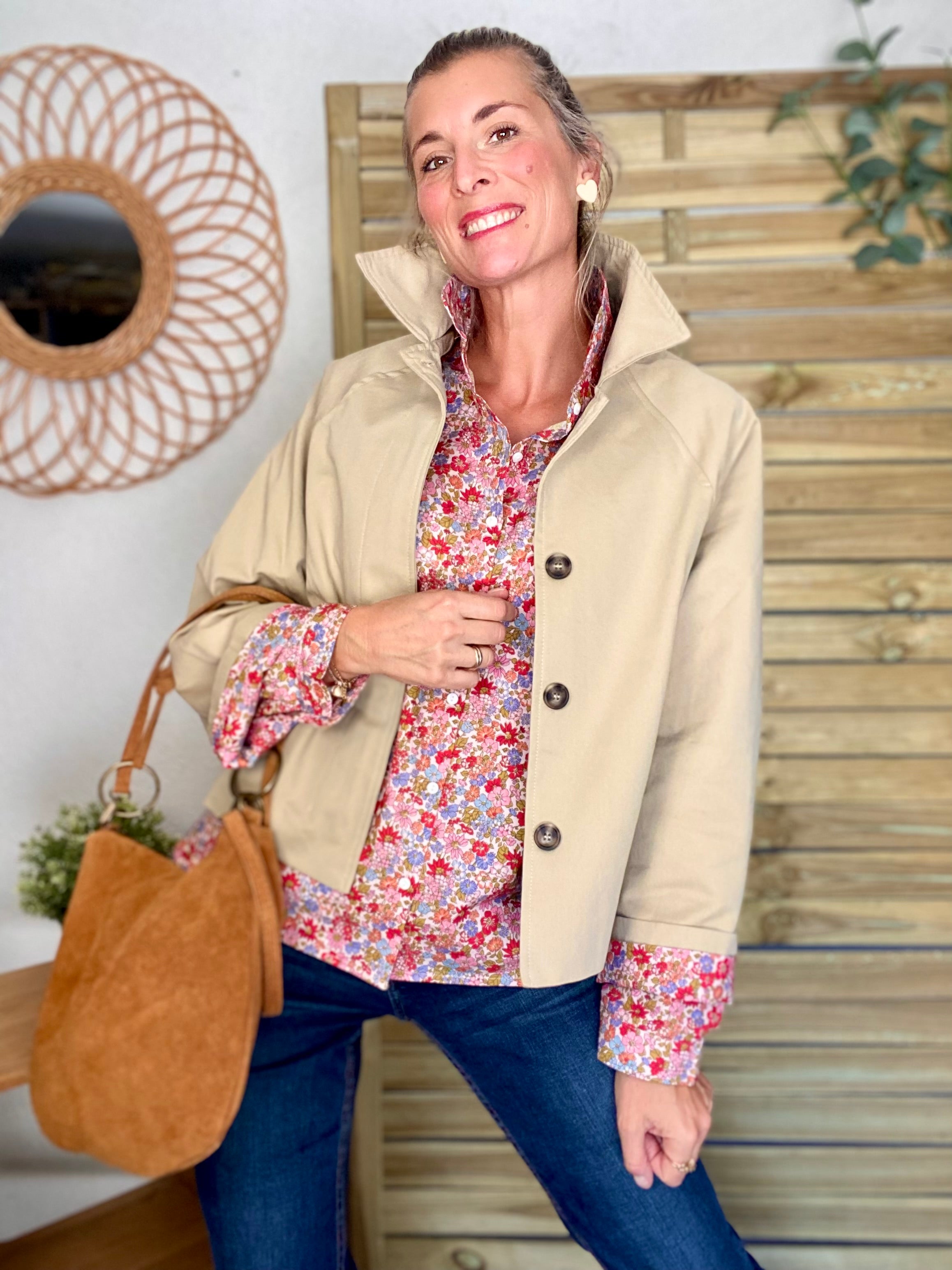 Veste Trench en coton beige avec Liberty - MAHAUT