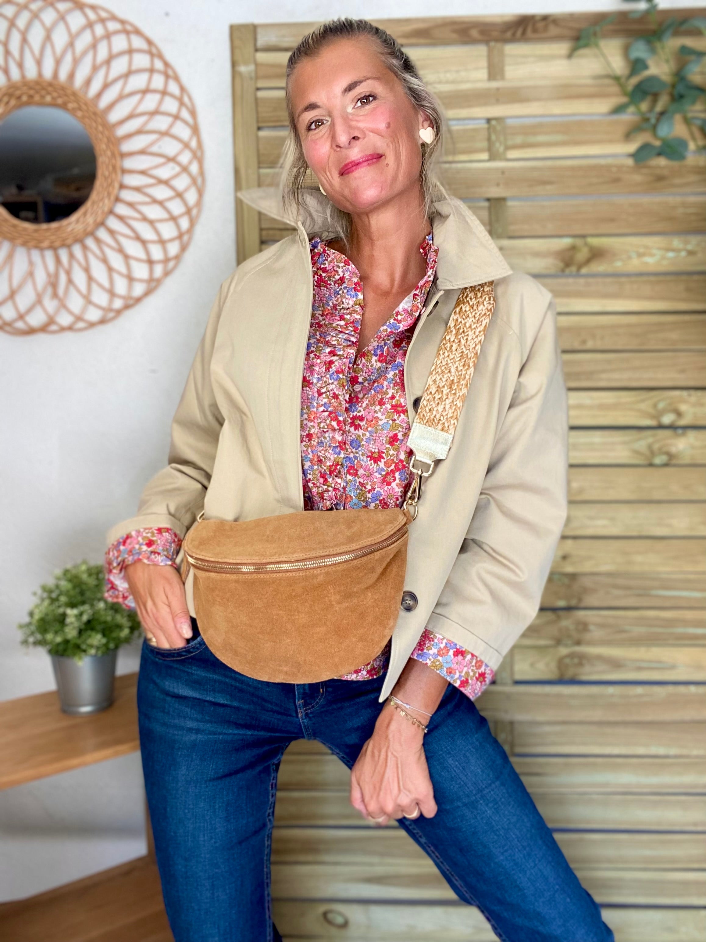 Veste Trench en coton beige avec Liberty - MAHAUT