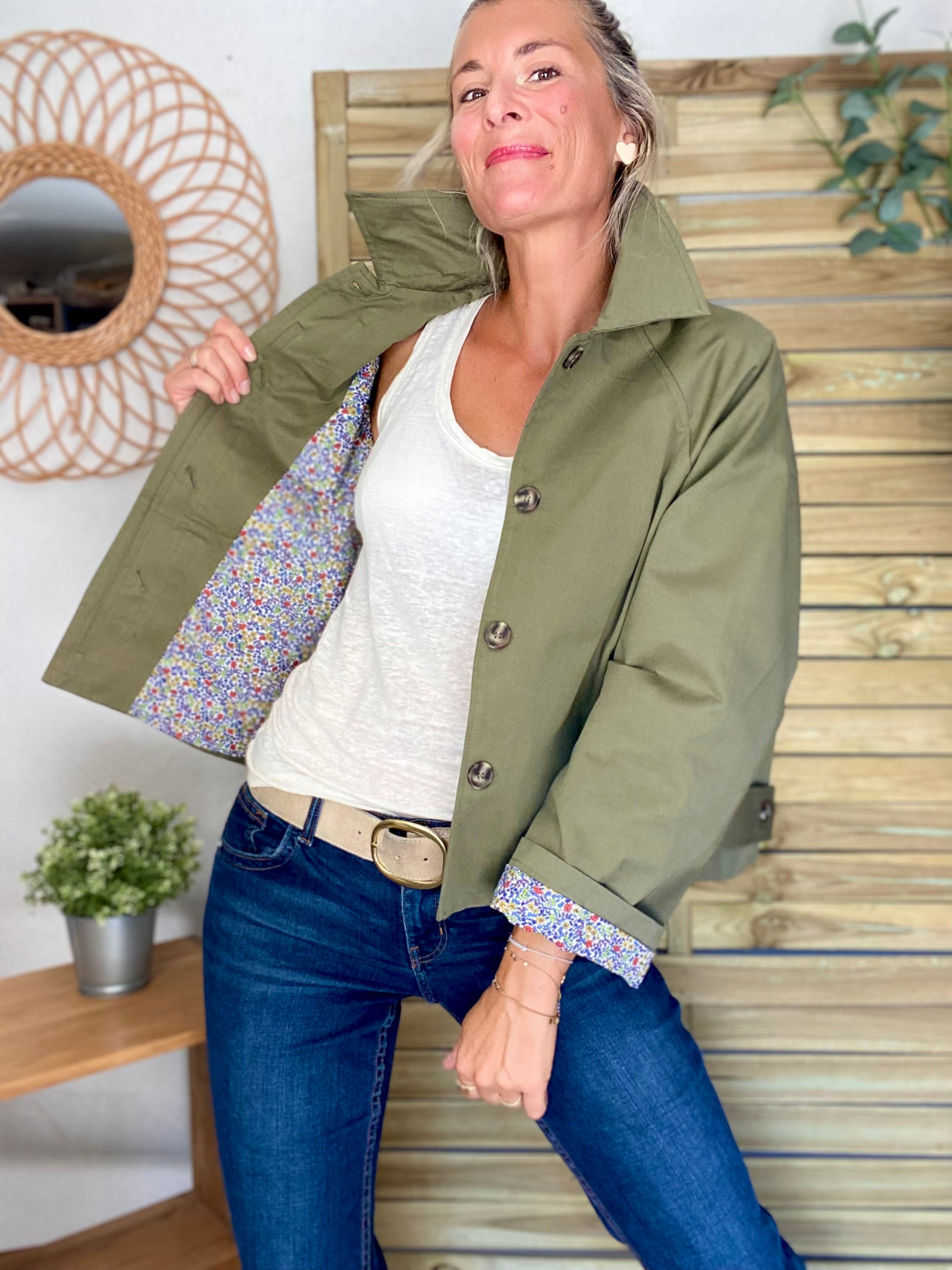 Veste Trench en coton kaki avec Liberty - MAHAUT