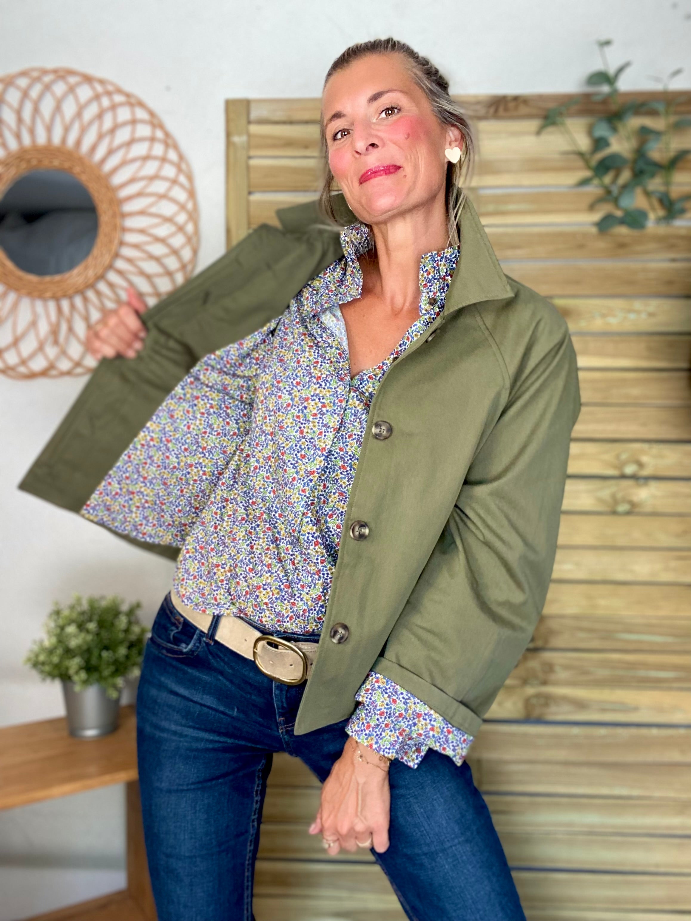 Veste Trench en coton kaki avec Liberty - MAHAUT