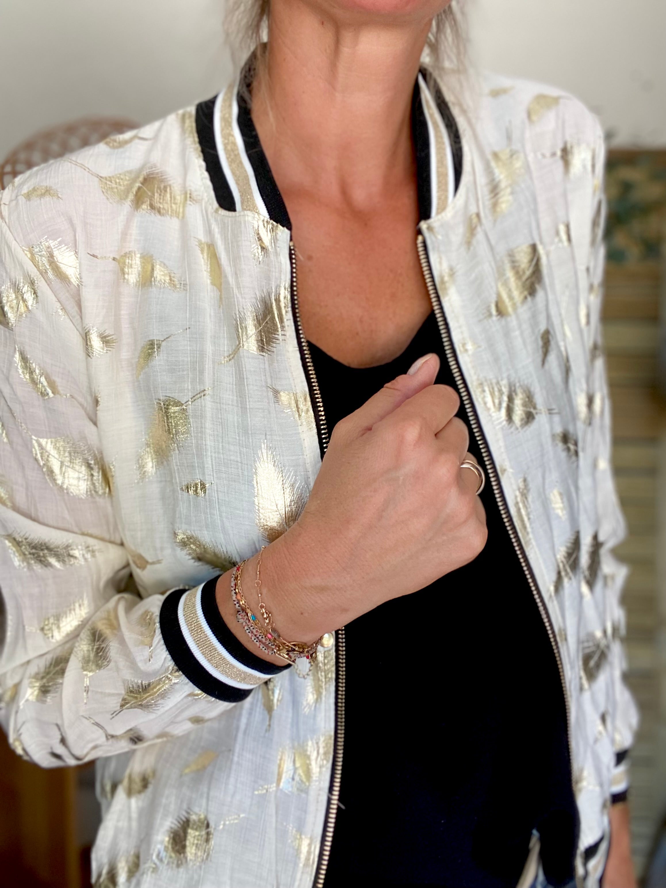 Veste bombers léger EMILY - imprimé Doré Écru (plumes)