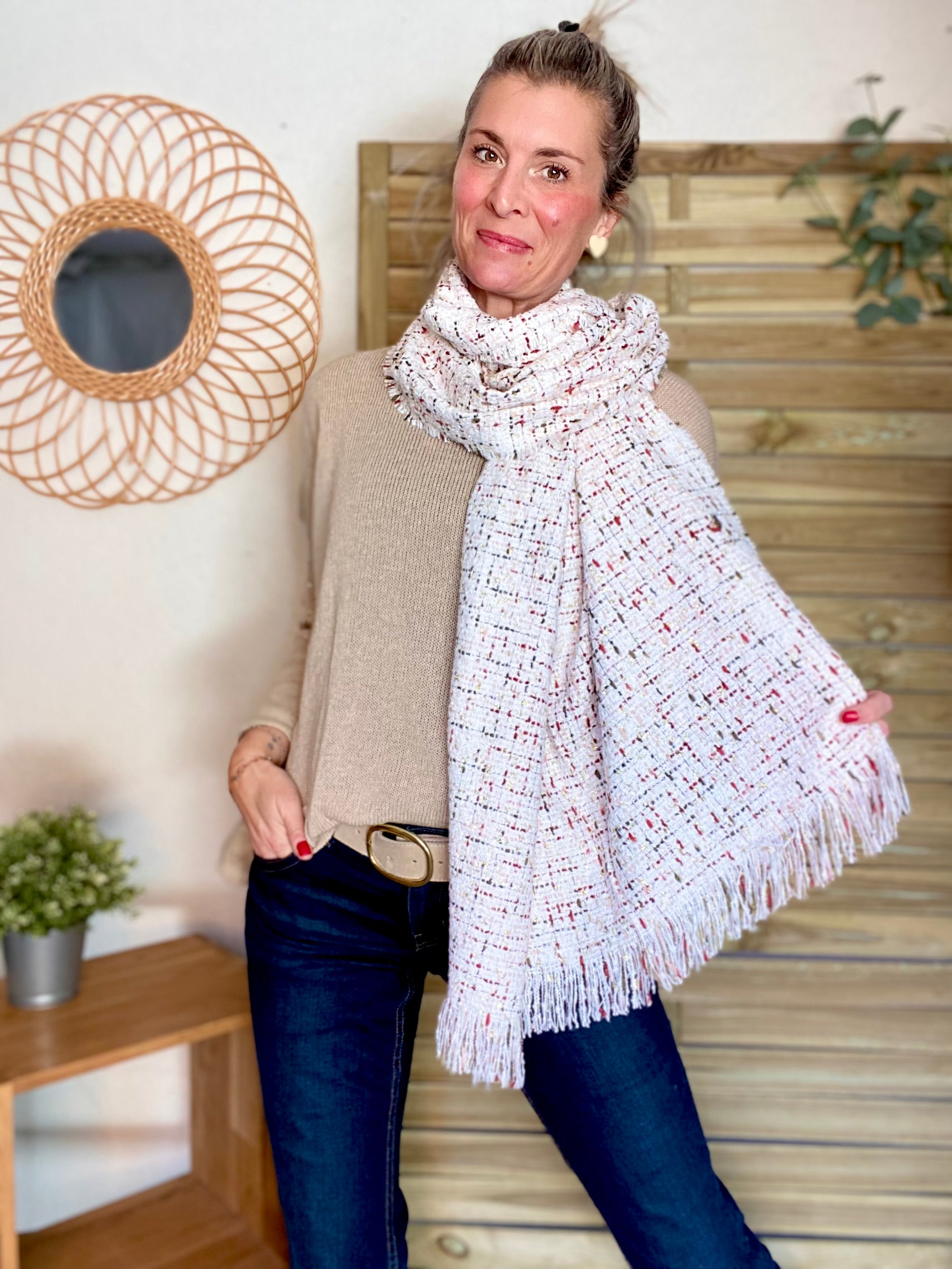 Écharpe douce en laine avec lurex ODILE - Écru Bordeaux