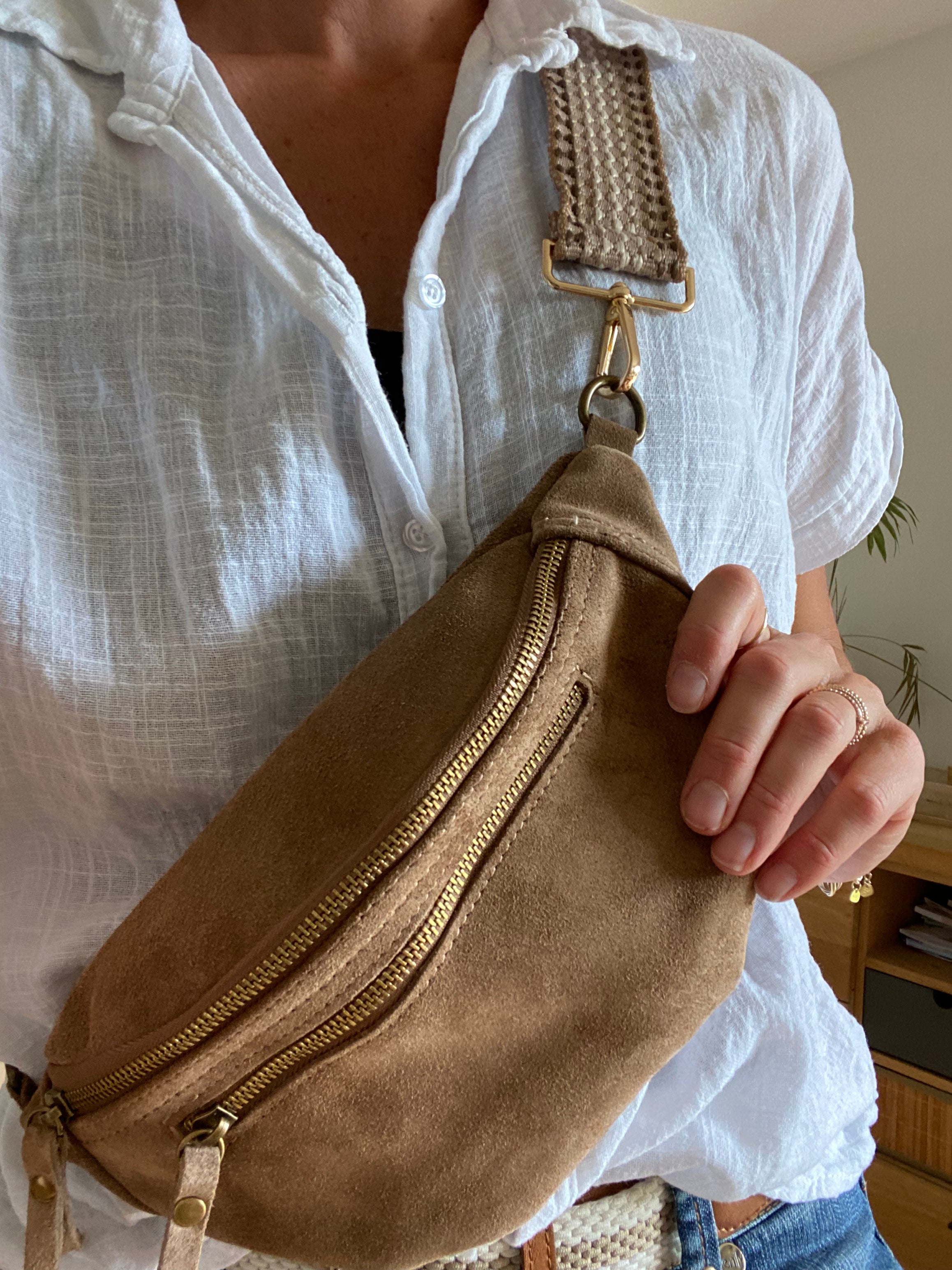 Sac banane double poche en cuir daim - OPALINE - Beige Taupe (14 coloris)