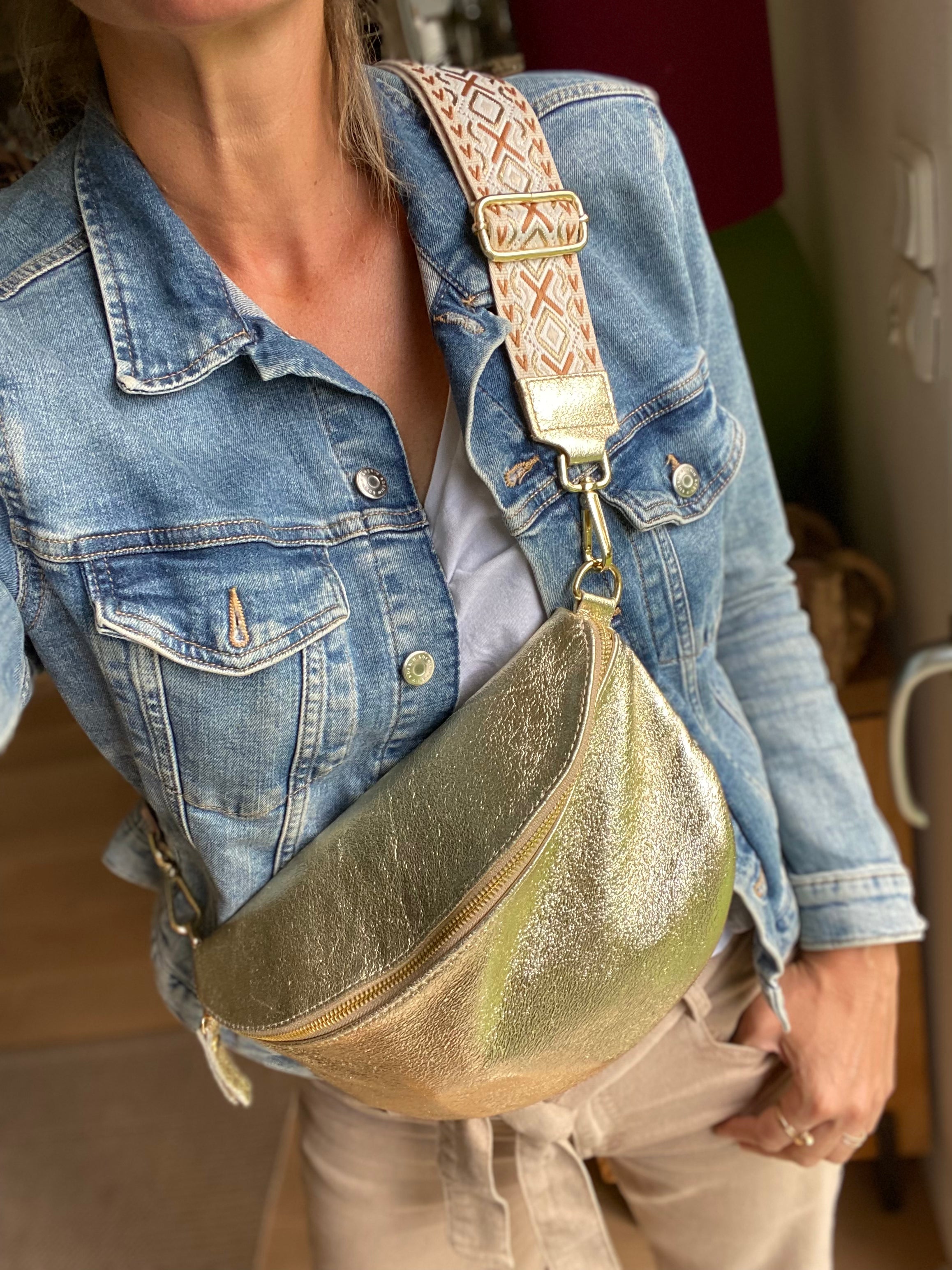 Sac banane XL en cuir irisé 30cm - JANIS - Doré