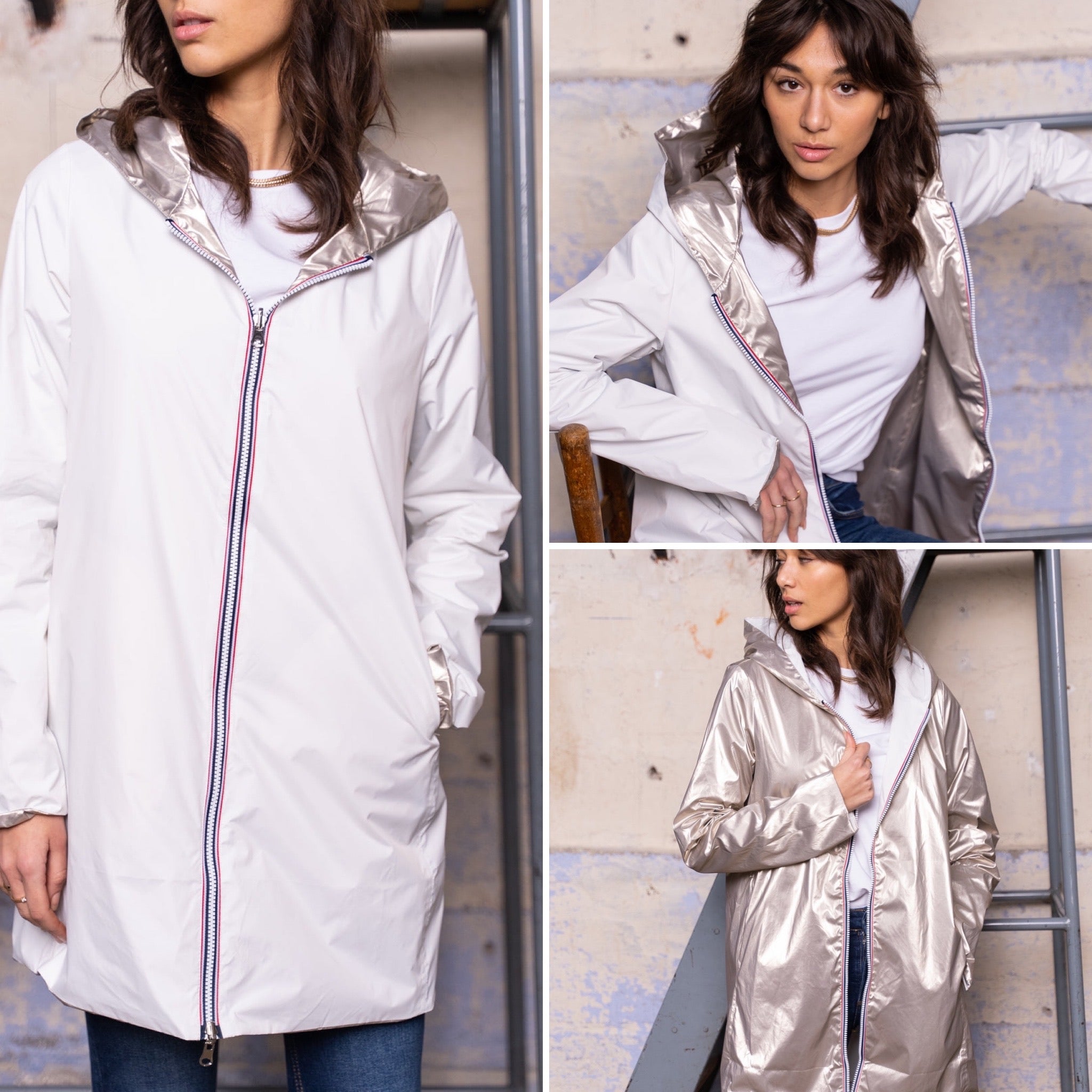 Imperméable réversible léger GARANCE LONG - Blanc/Doré - Laura Jo