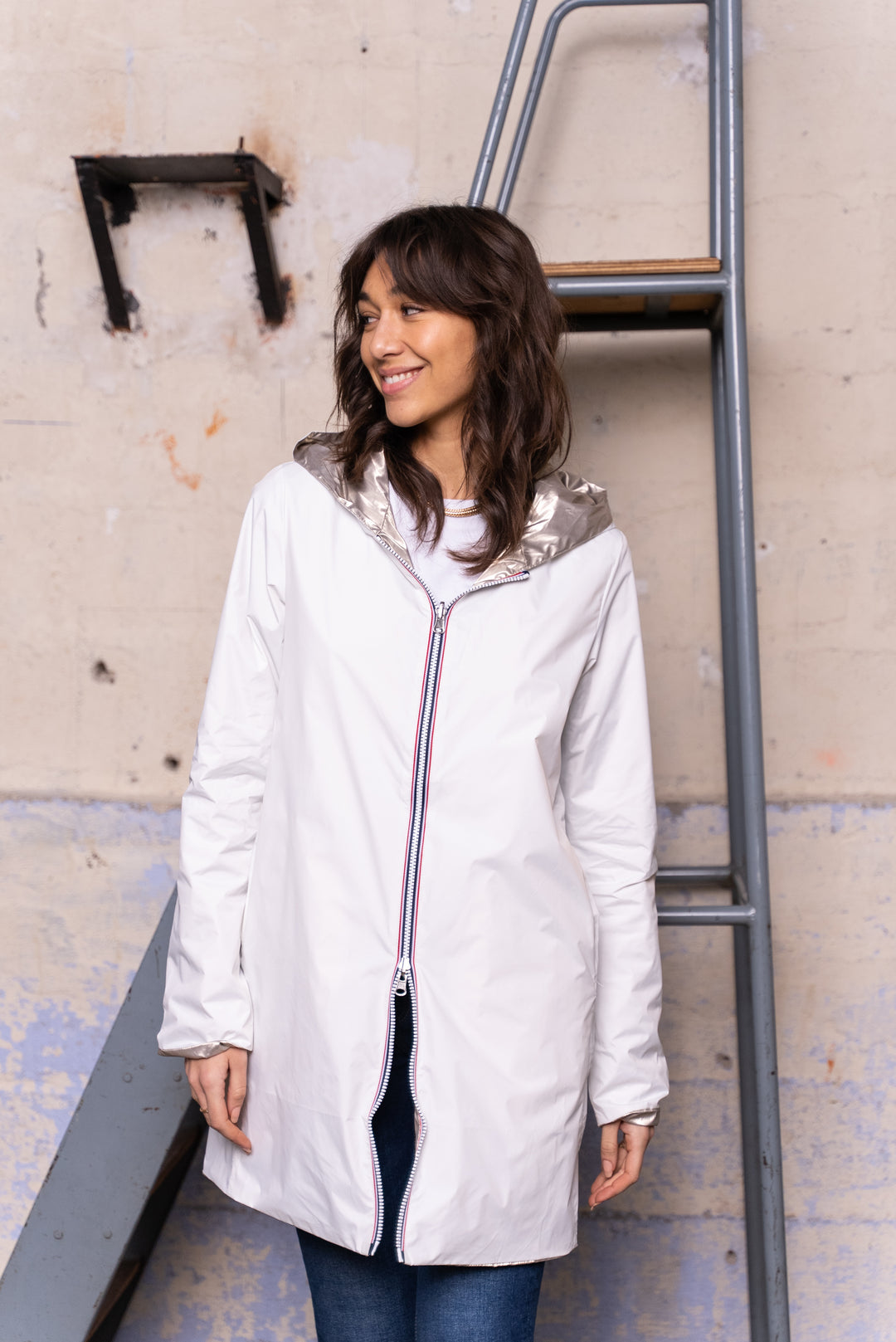 Imperméable réversible léger GARANCE LONG - Blanc/Doré - Laura Jo