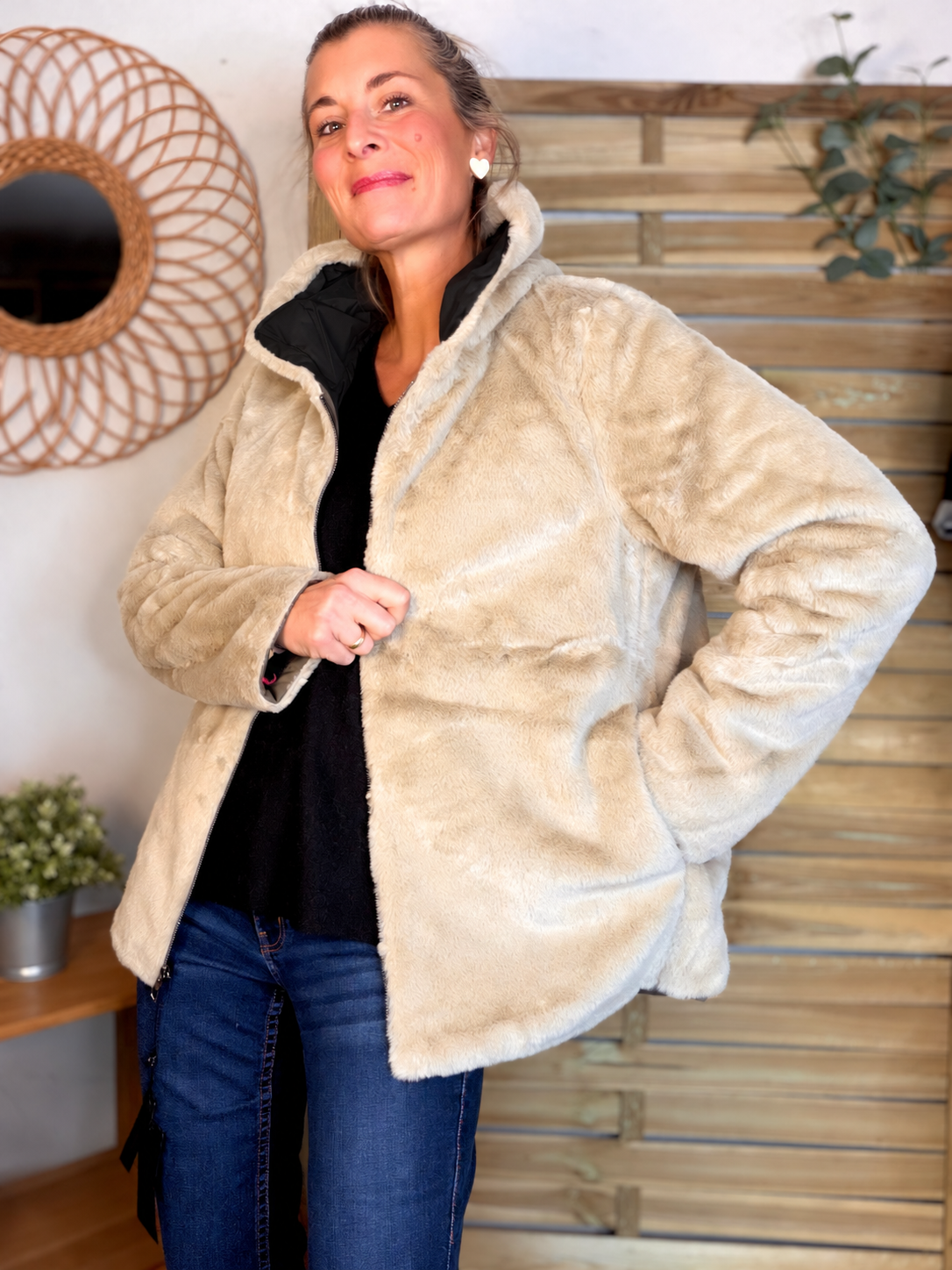 LAURA JO - Parka Imperméable réversible fourrée Noir / Beige ALIX Court