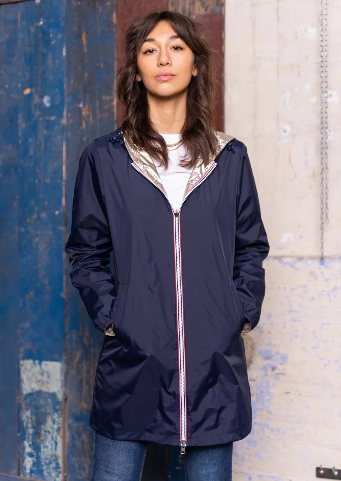 Imperméable réversible long cintré CLAIRE - Marine/Doré - Laura Jo