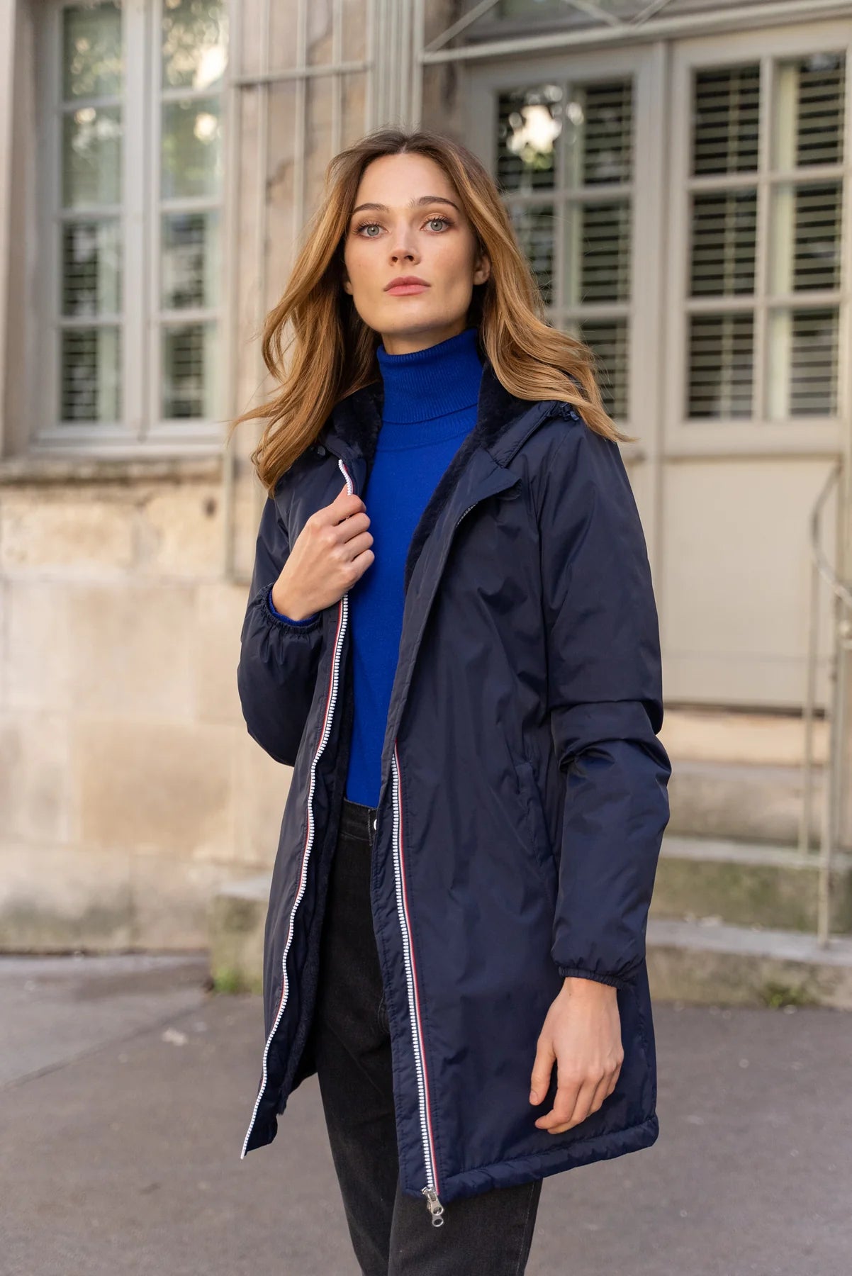 Parka Impermeable LOUISE LONG fourre Bleu Marine Laura Jo