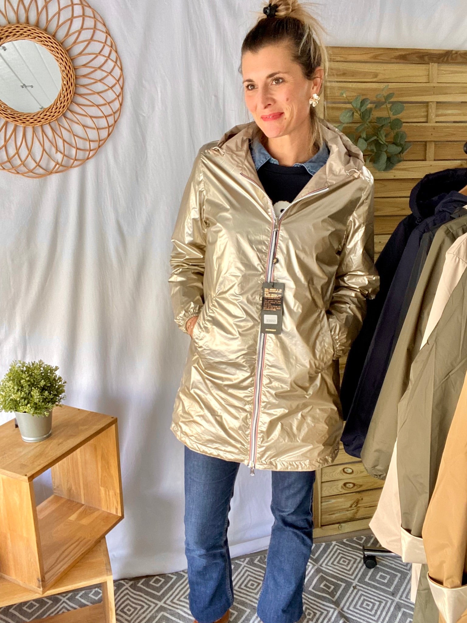 *** PROMO - Taille XL - Imperméable réversible long cintré CLAIRE - Beige/Doré - Laura Jo