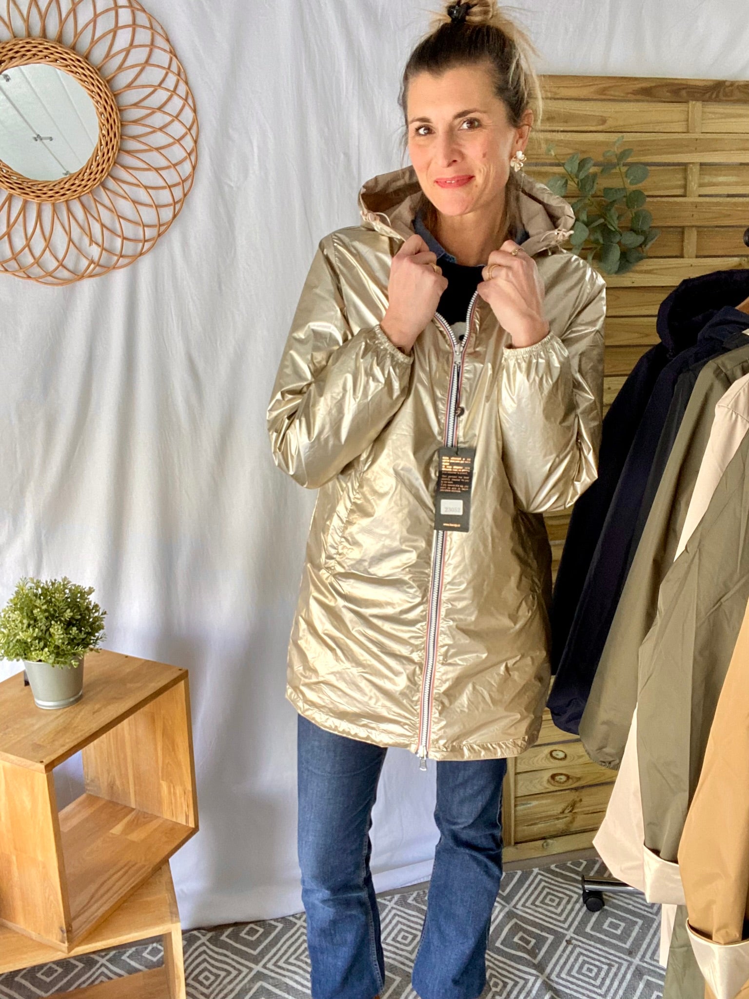 *** PROMO - Taille XL - Imperméable réversible long cintré CLAIRE - Beige/Doré - Laura Jo