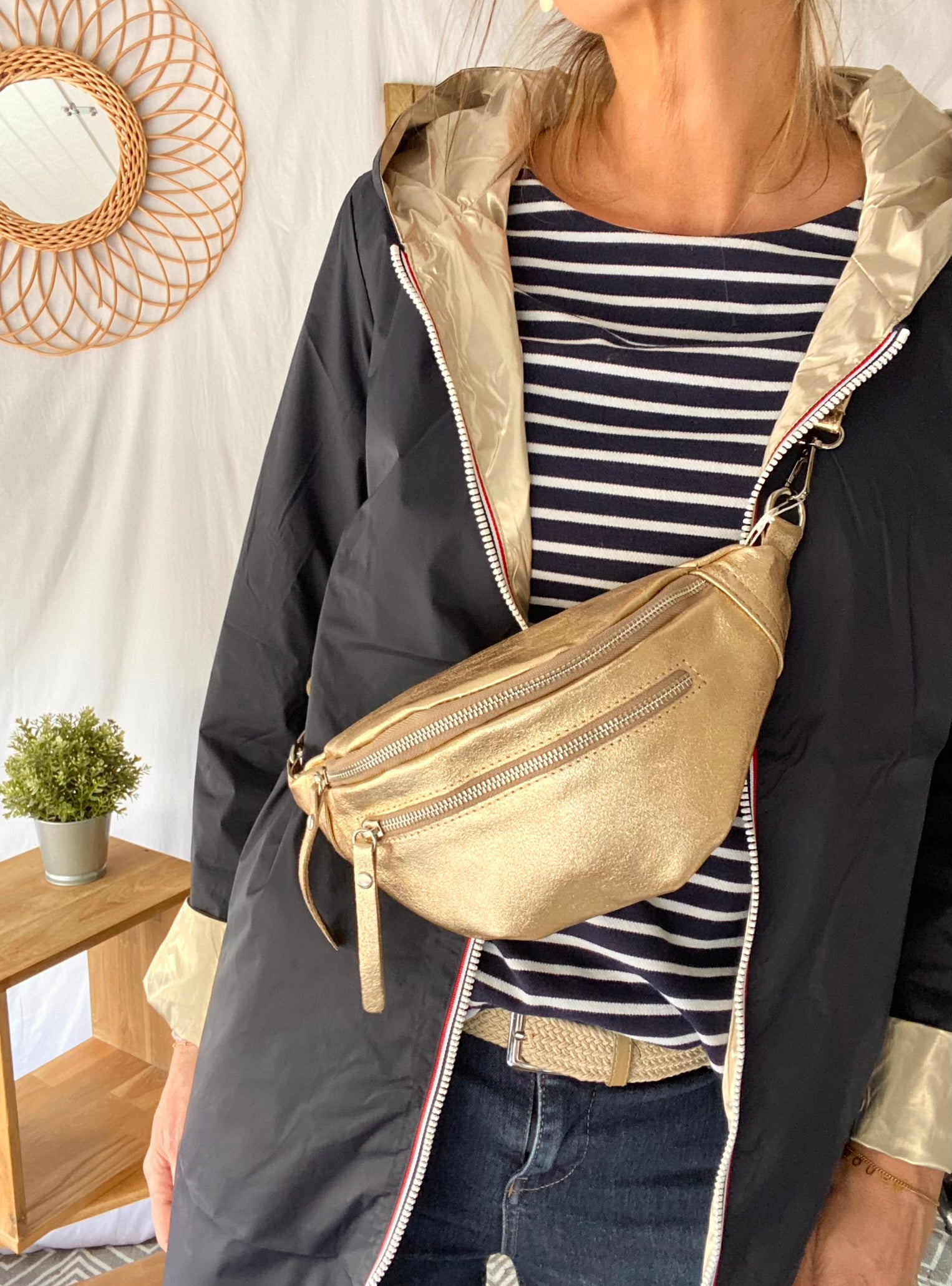 Sac banane en cuir irisé double poche - OPALE - Dorée