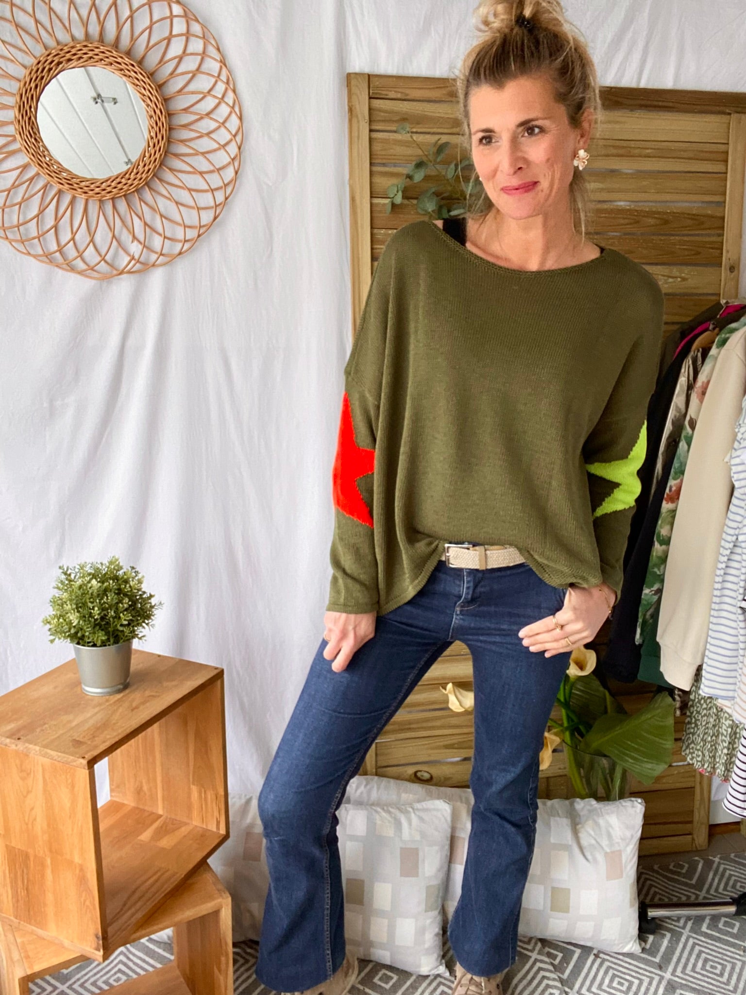 Pull oversize étoiles colors ALBA - Kaki