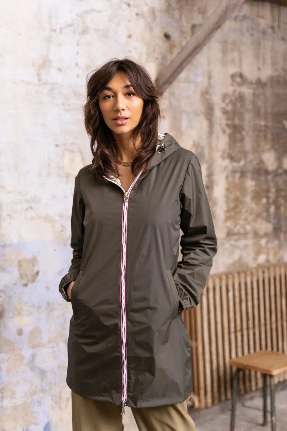 Imperméable réversible long cintré CLAIRE - Kaki/Doré - Laura Jo